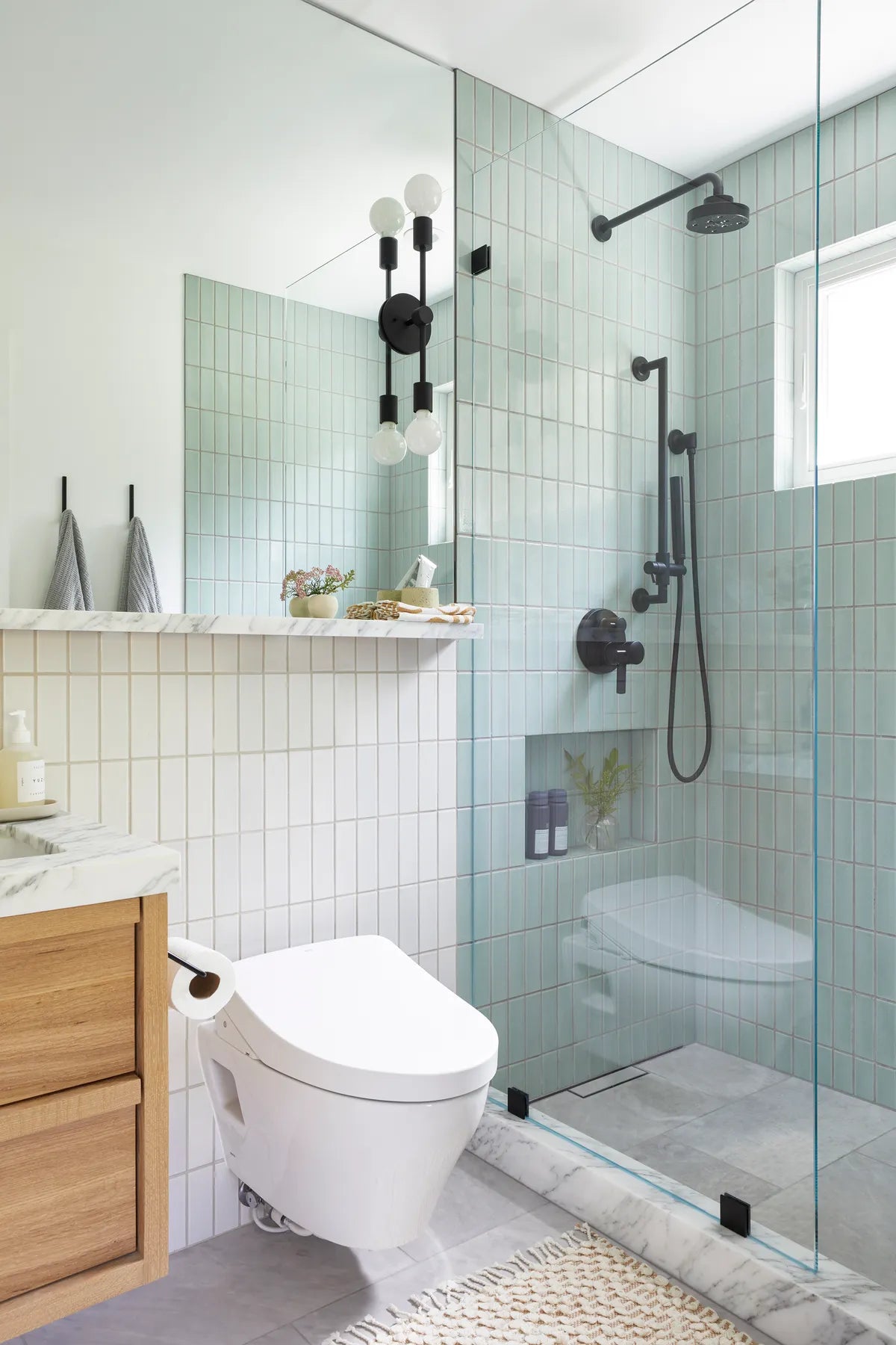 Organic modern Green shower subway tile Backsplash white subway tile 1