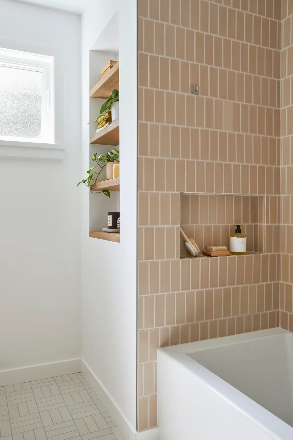 Organic modern beige subway shower tile shower niche 2