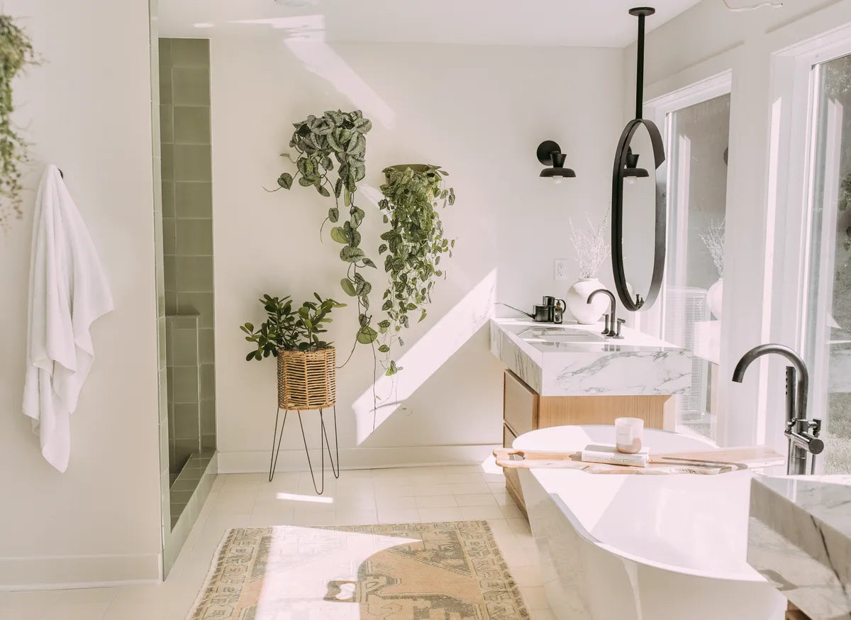 Scandi shower green shower white bathroom floor 2