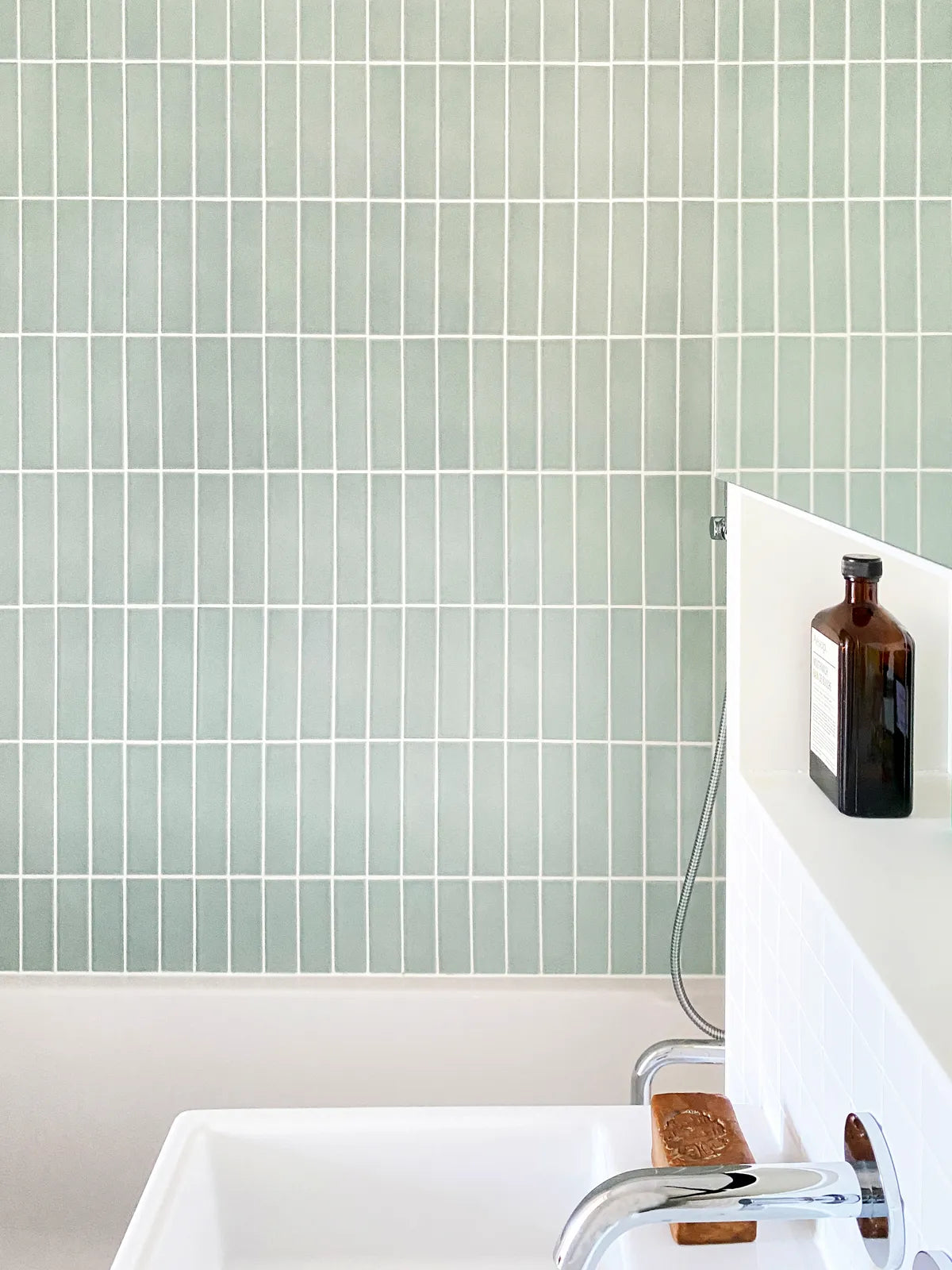 Scandinavian green bathroom subway shower tile 2