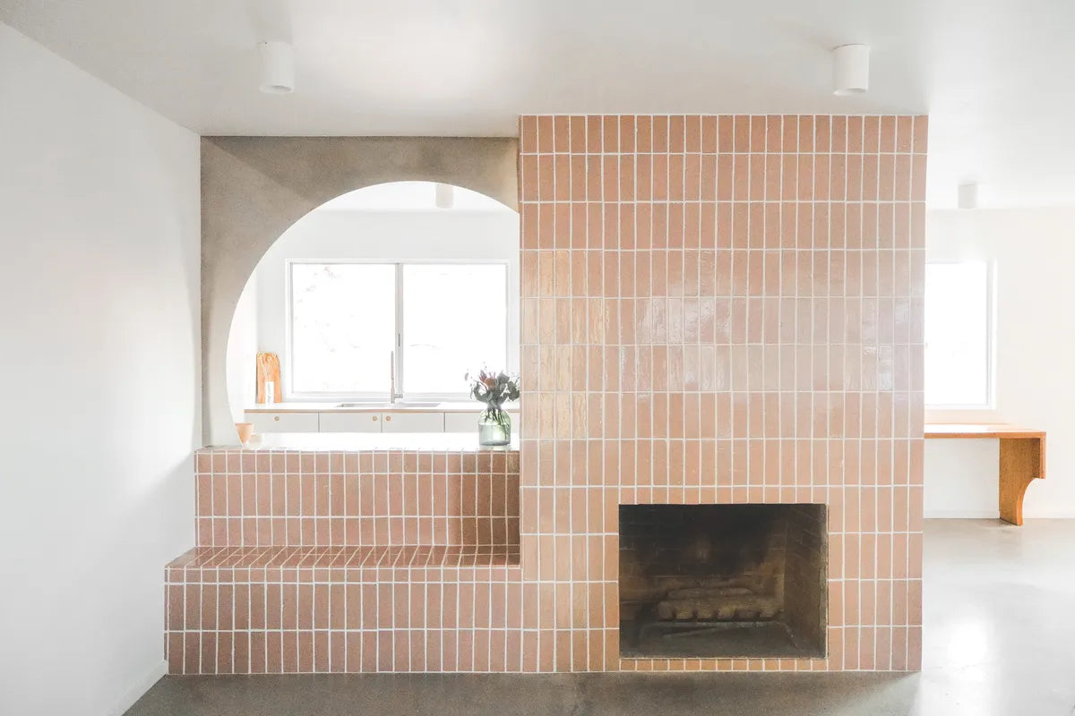 Desert modern brick subway tile pink fireplace 8