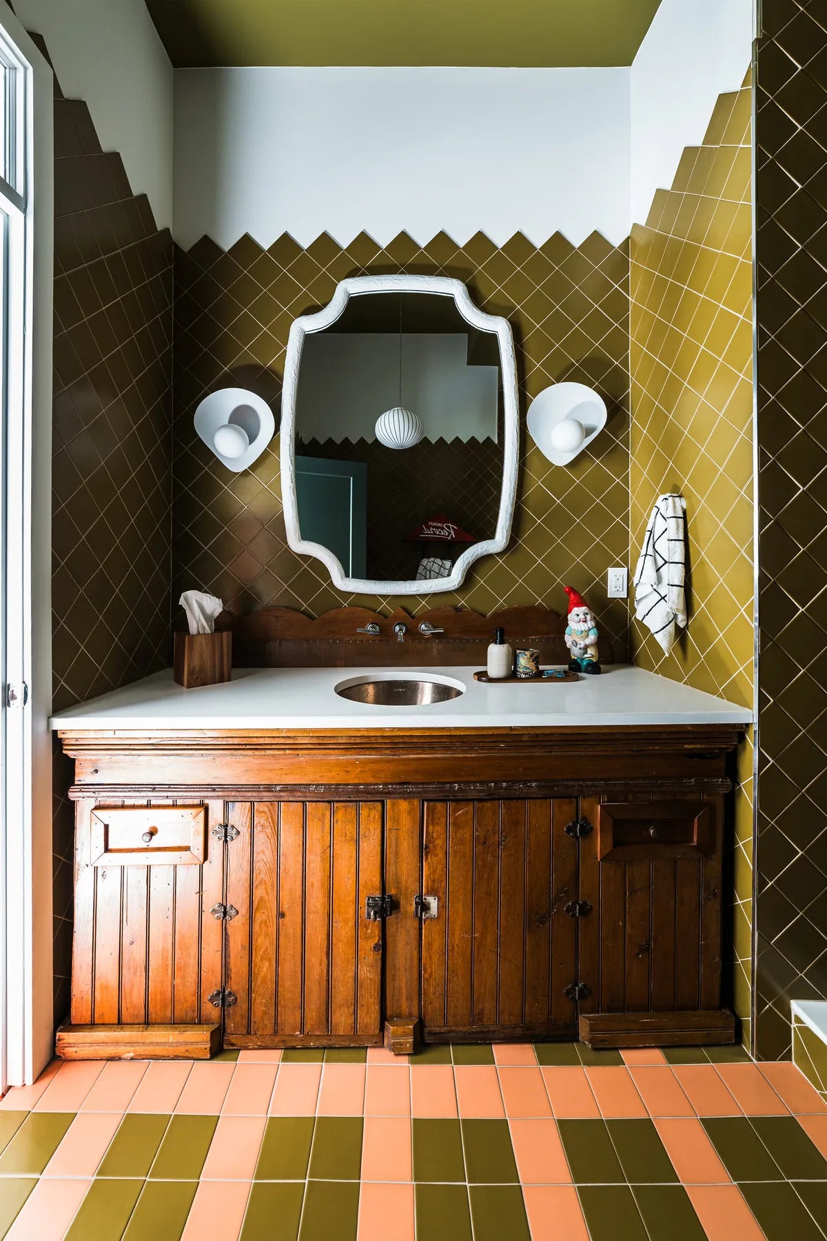 Midcentruy modern green yellow bathroom backsplash square tile floor tile pink square green yellow tile 6