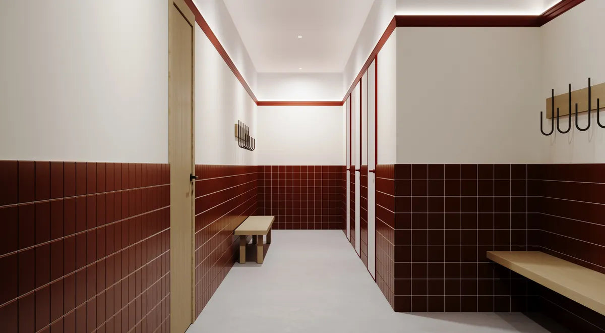 Modern locker room glass red tile 1
