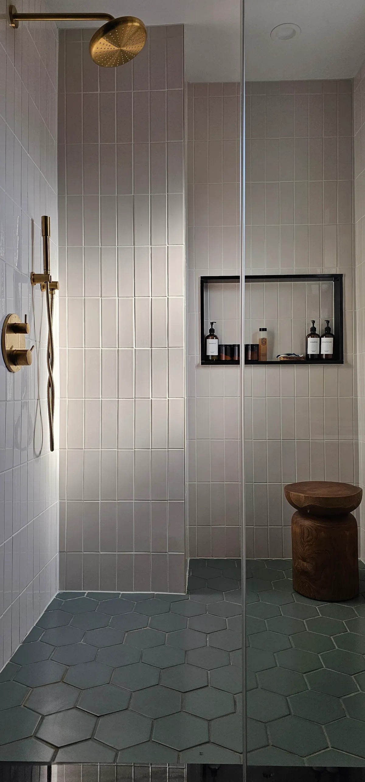 Modern white subway tile green hexagon floor bathroom tile 1