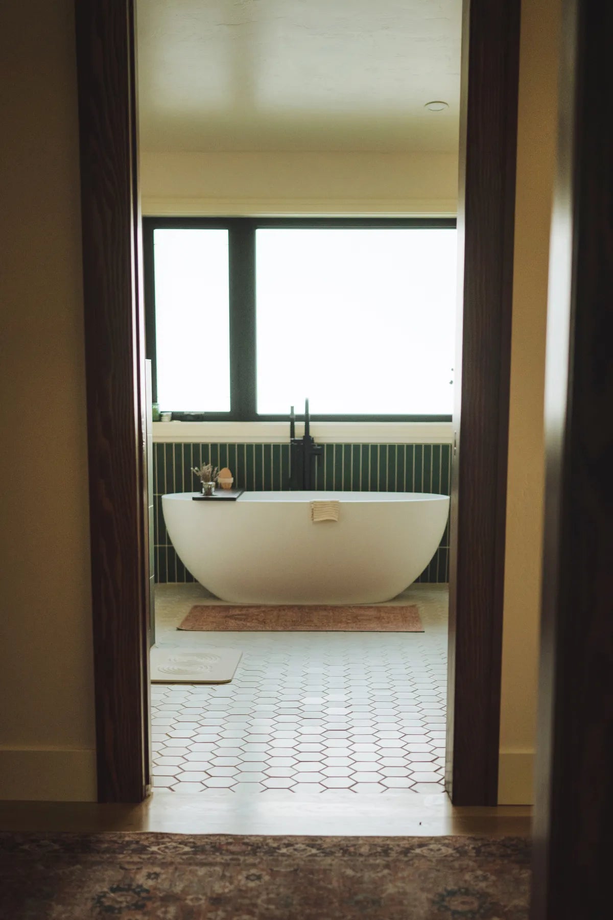 New traditional bathroom white hexagon floor tile green wall tile