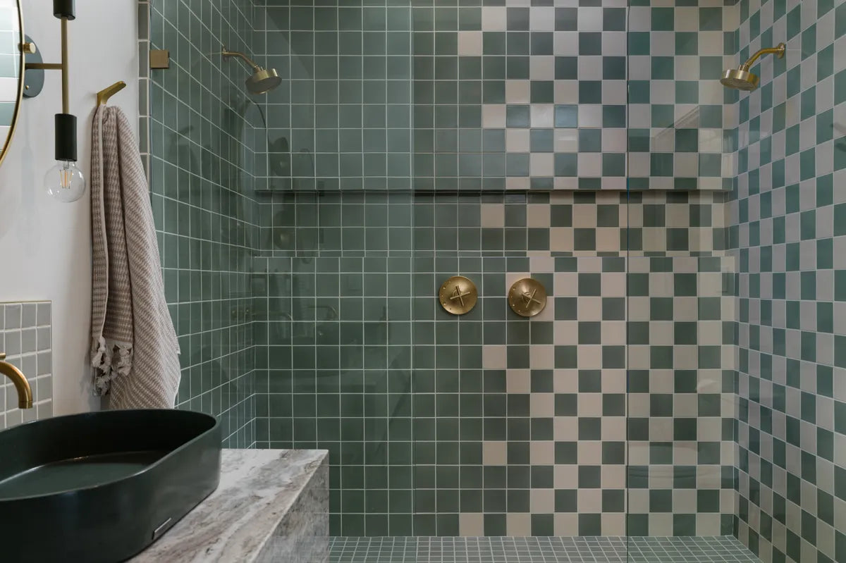 Scandinavian green cream bathroom square shower tile 2