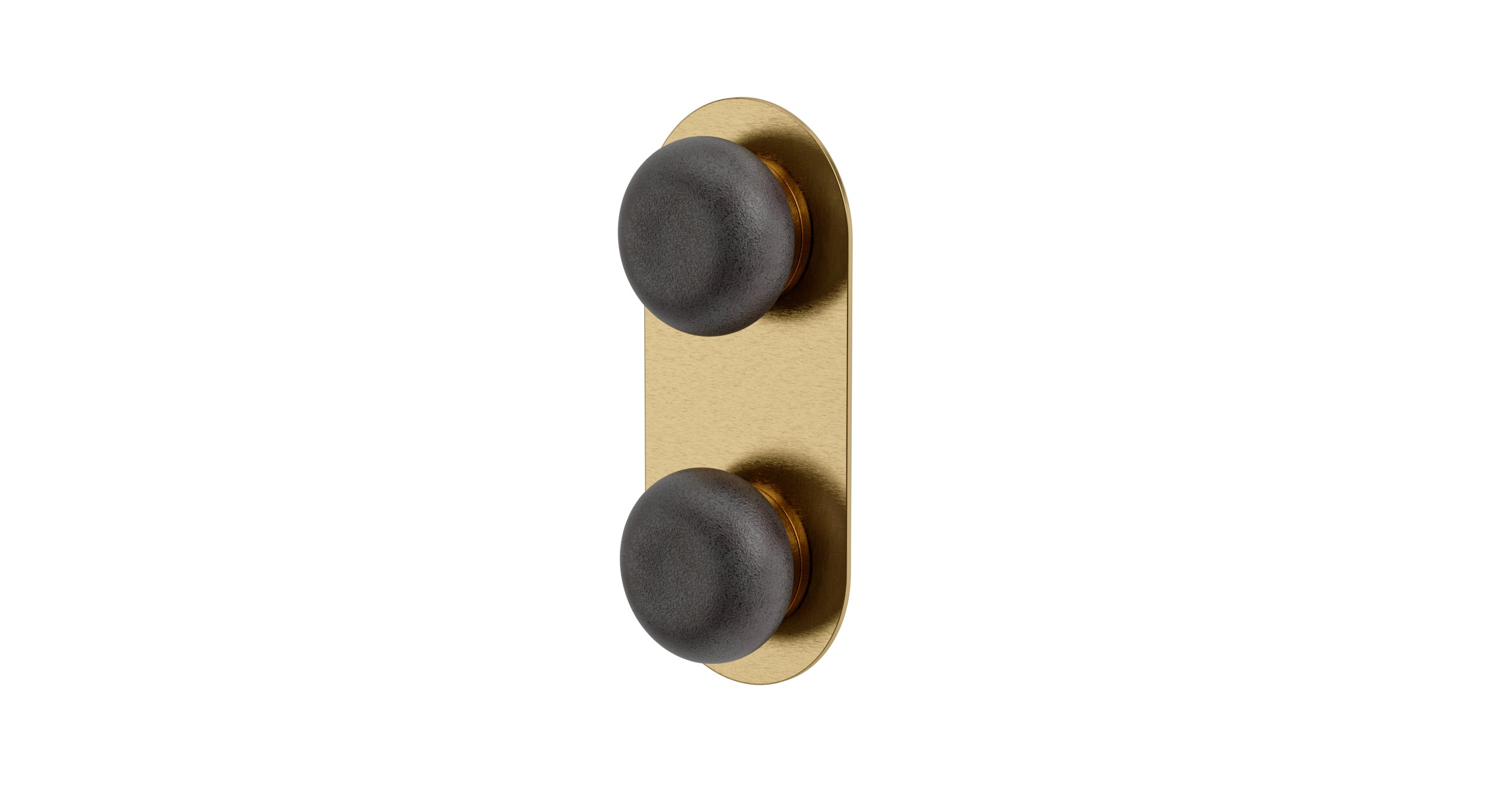 Foundry Two Handle Wall Mount Shower Trim with Pebble Ceramic Knob Handles in Satin Brass
