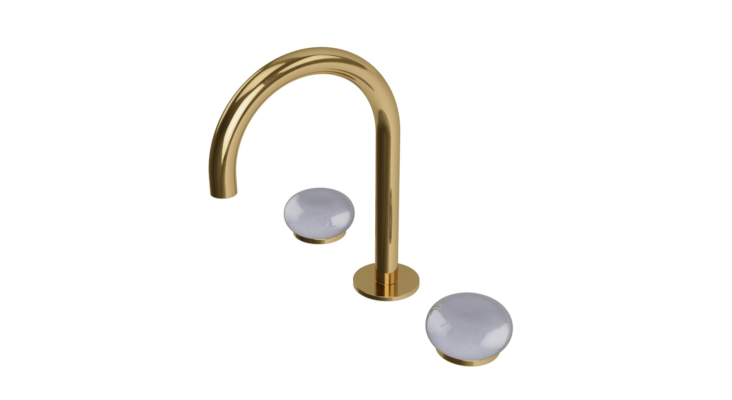 Foundry Two Handle Deck Mount Gooseneck Lavatory Faucet with Pebble Ceramic Knob Handles in Uncoated Polished Brass