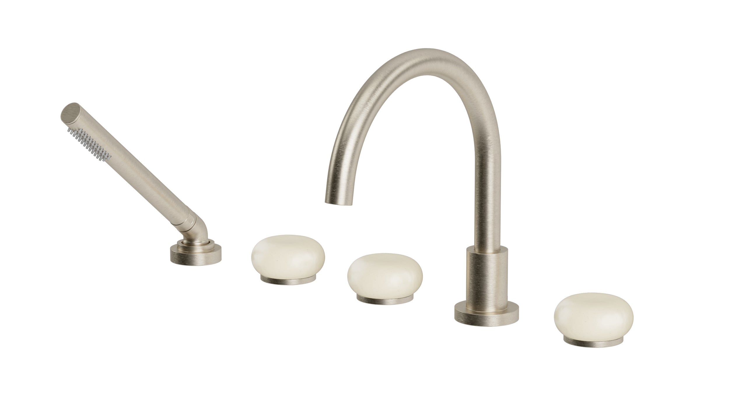 Foundry Three Handle Deck Mount Gooseneck Bath Trim with Hand Shower and Pebble Ceramic Knob Handles in Satin Nickel