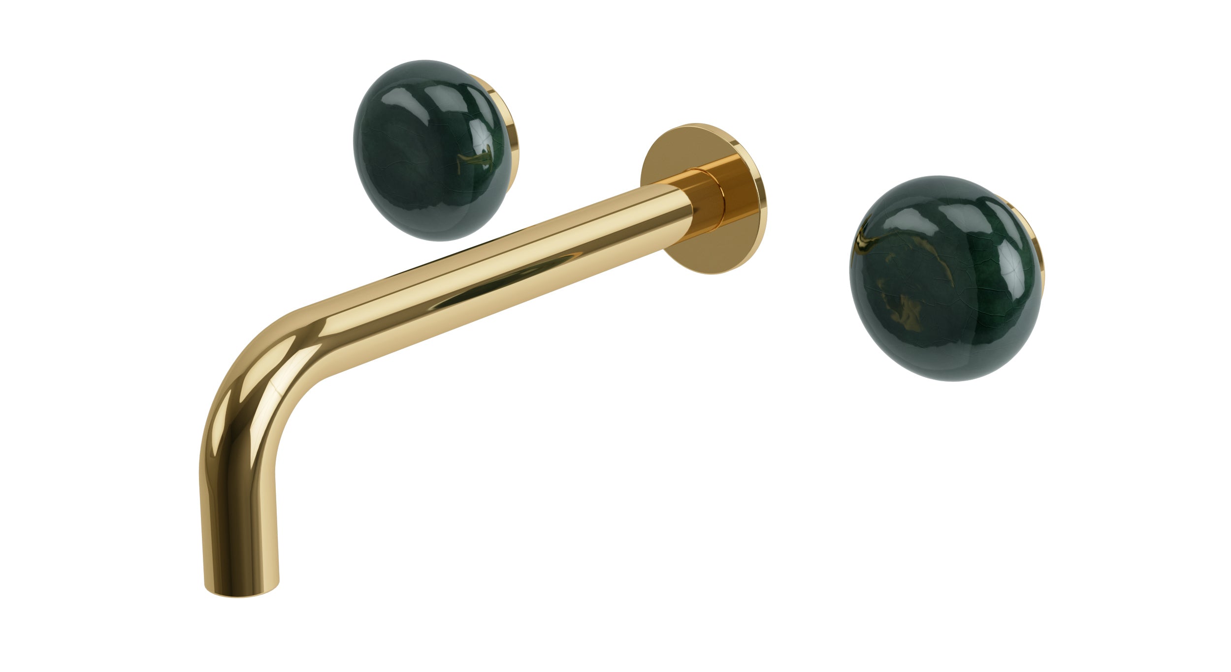 Foundry Two Handle Wall Mount 7.5" Lavatory Faucet with Pebble Ceramic Knob Handles in Polished Brass