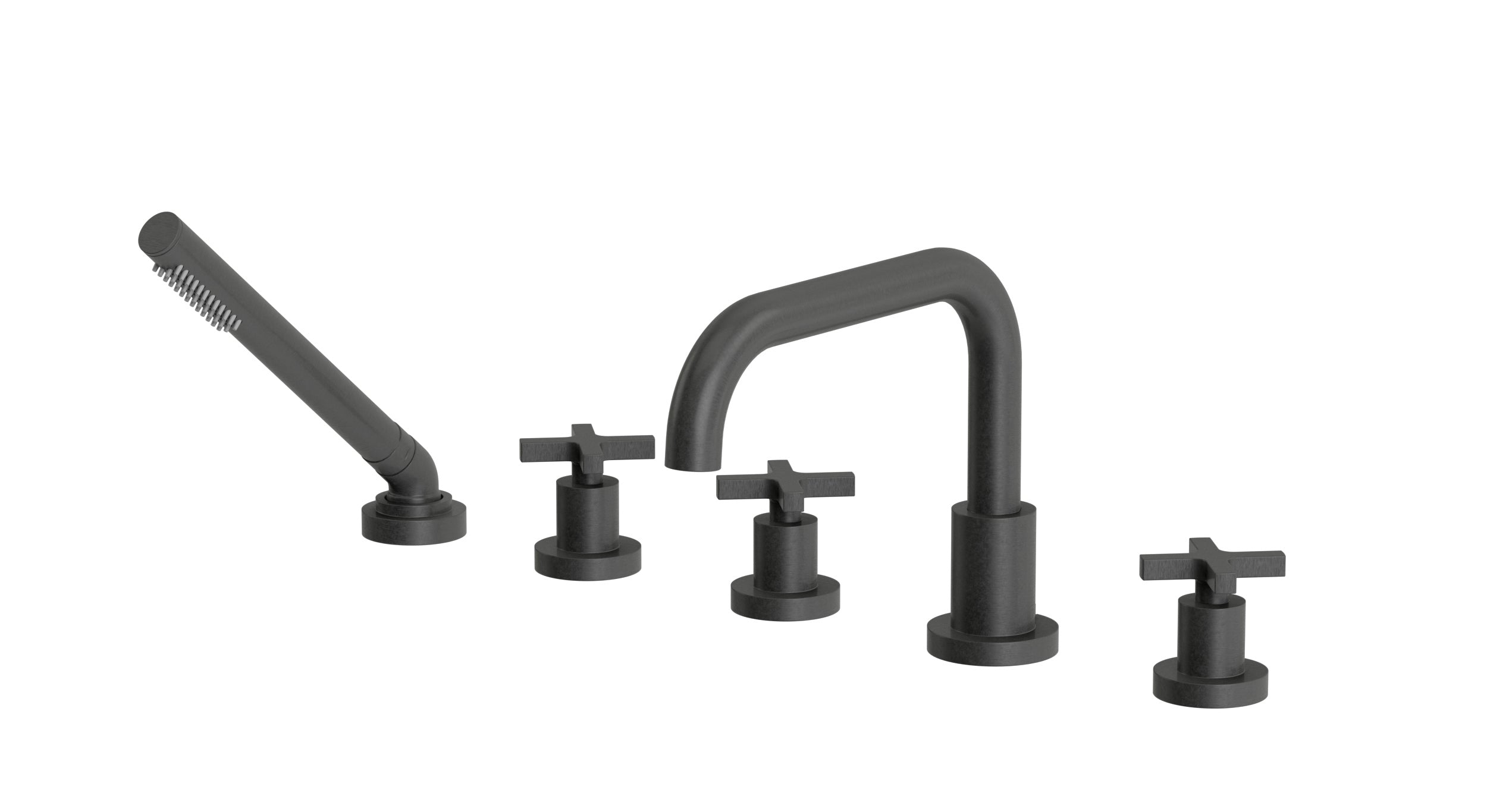 Flatiron Three Handle Deck Mount Squaretop Bath Trim with Hand Shower and Linear Cross Handles in Blackened Nickel
