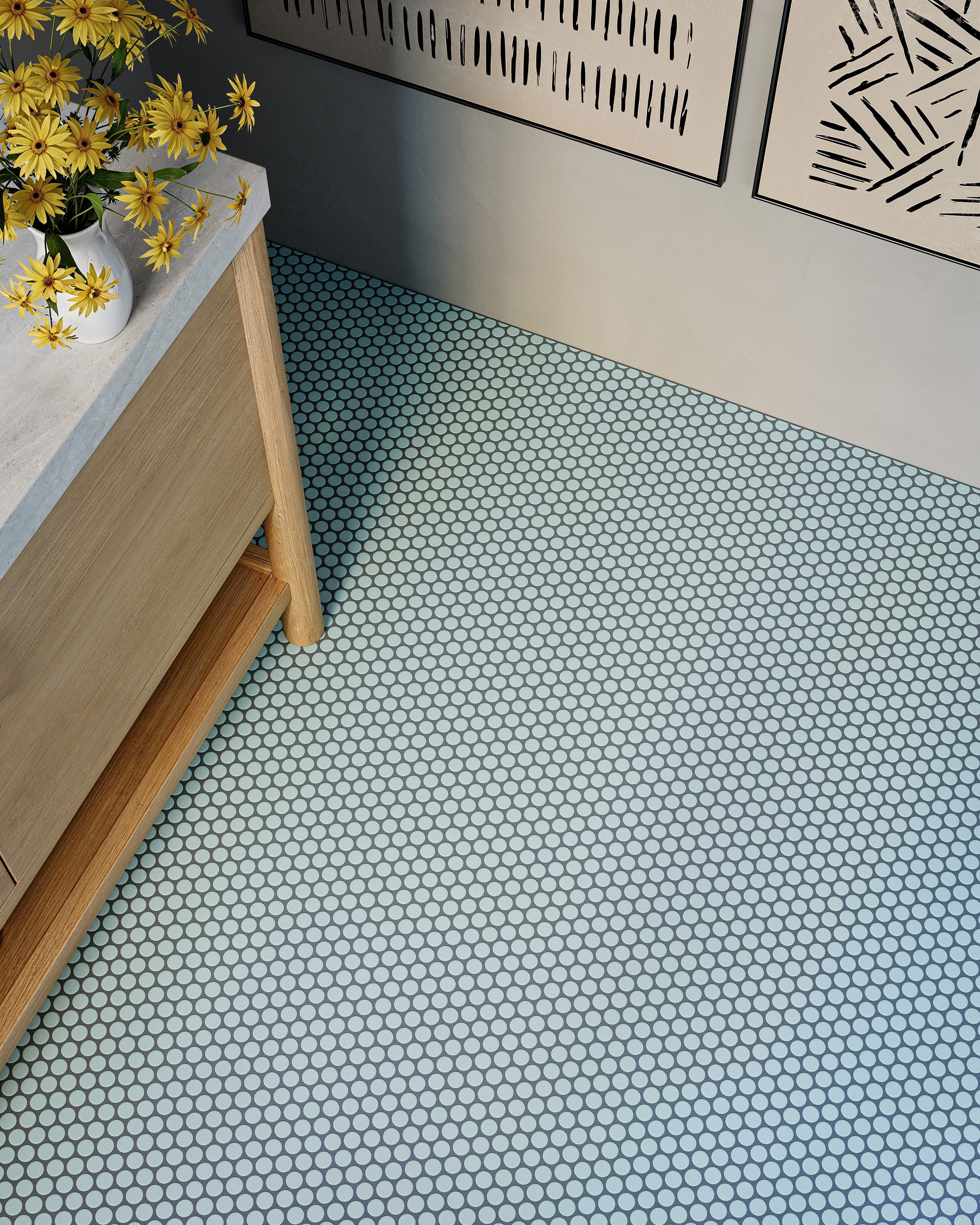 Penny Round Sheeted Original Ceramic Mosaic Tile in Crater Lake Matte