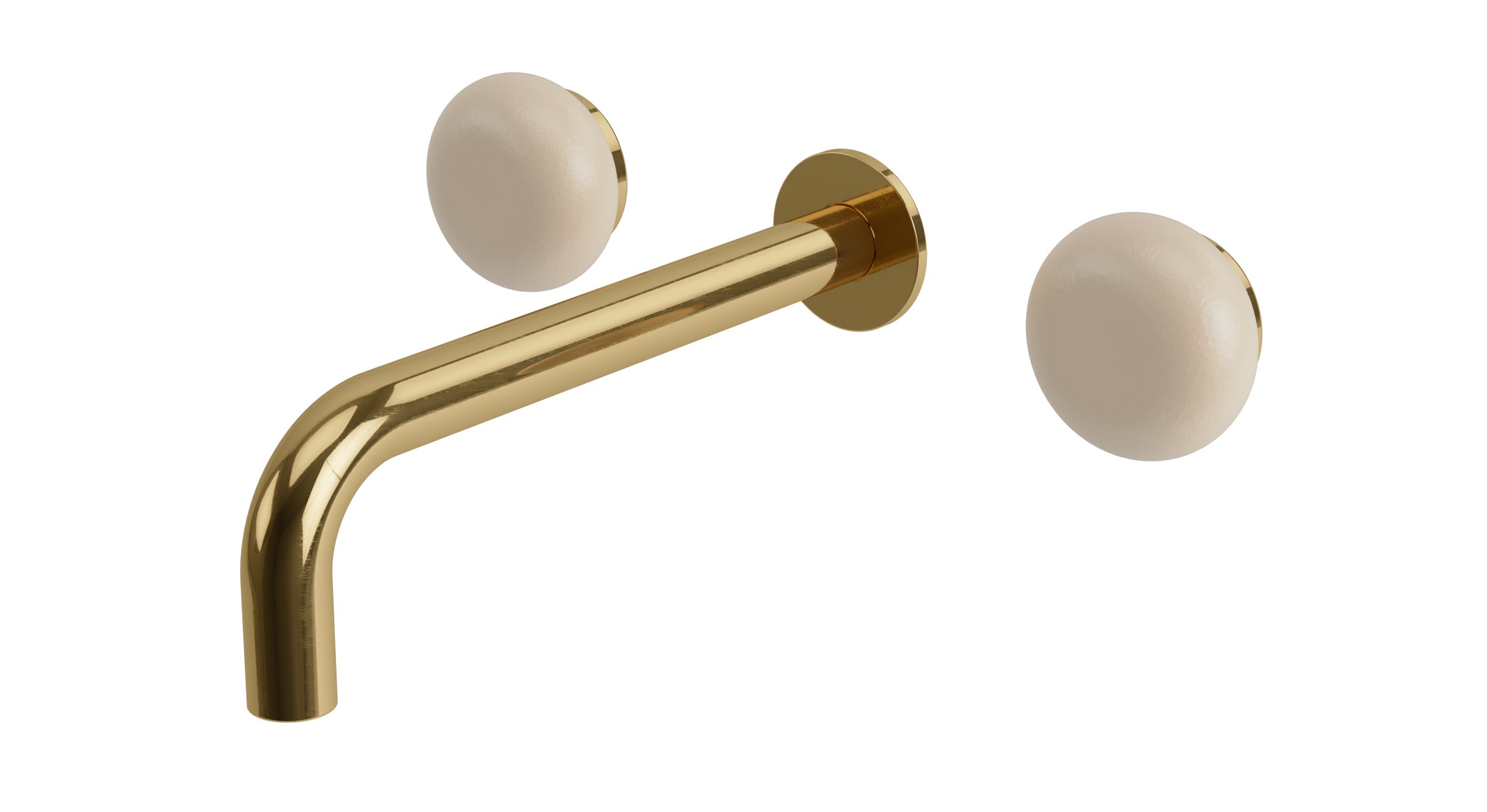 Foundry Two Handle Wall Mount 7.5" Lavatory Faucet with Pebble Ceramic Knob Handles in Uncoated Polished Brass