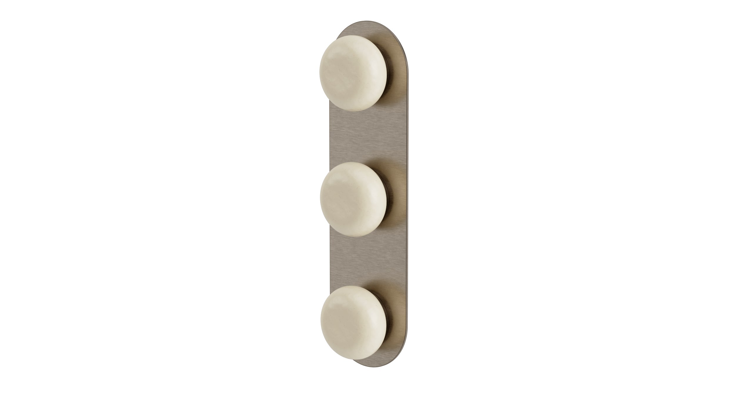 Foundry Three Handle Wall Mount Shower Trim with Pebble Ceramic Knob Handles in Antique Nickel