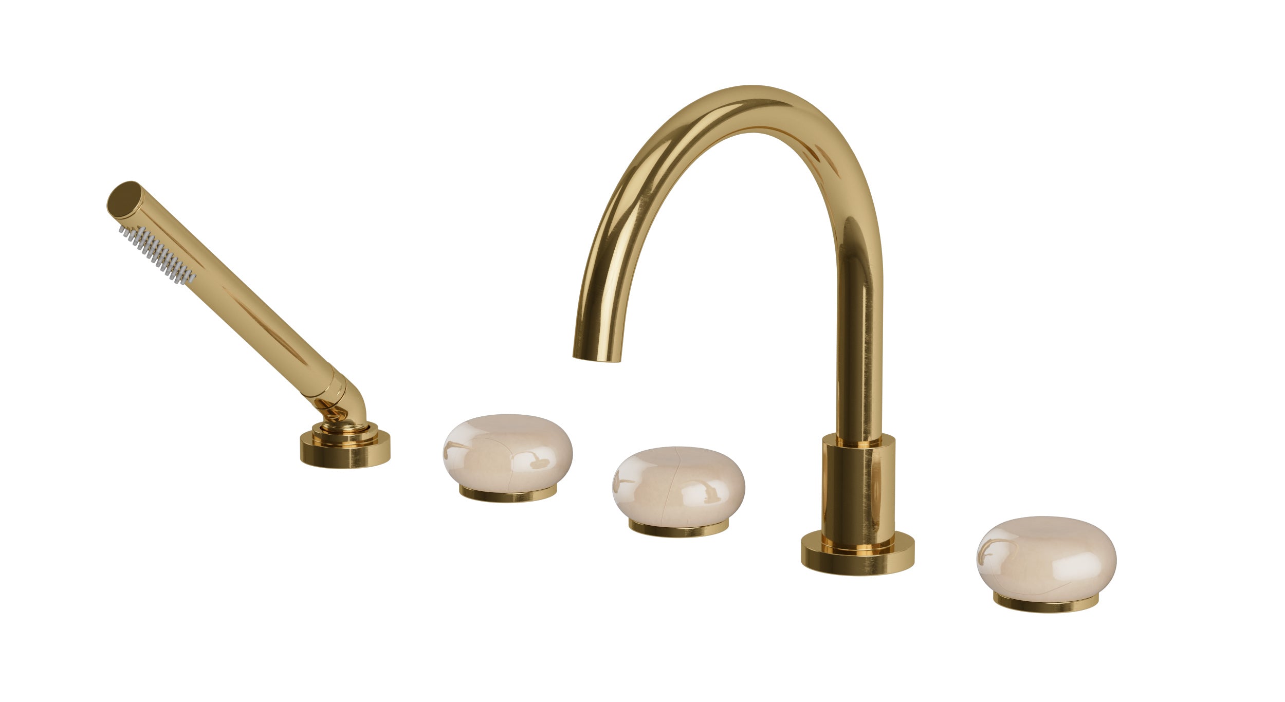 Foundry Three Handle Deck Mount Gooseneck Bath Trim with Hand Shower and Pebble Ceramic Knob Handles in Uncoated Polished Brass