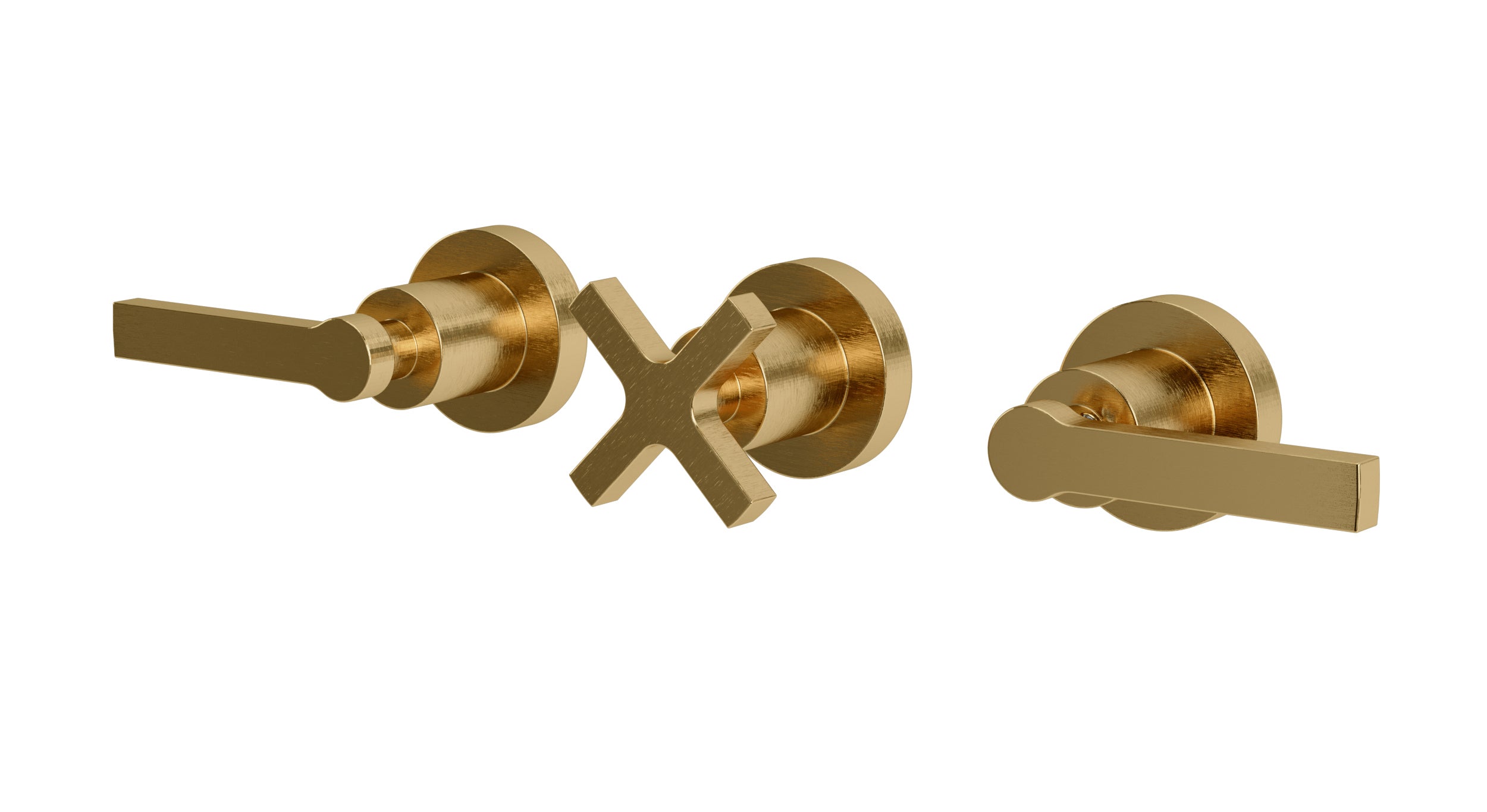 Flatiron Three Handle Wall Mount Bath Trim with Linear Cross/Linear Lever Handles in Satin Brass