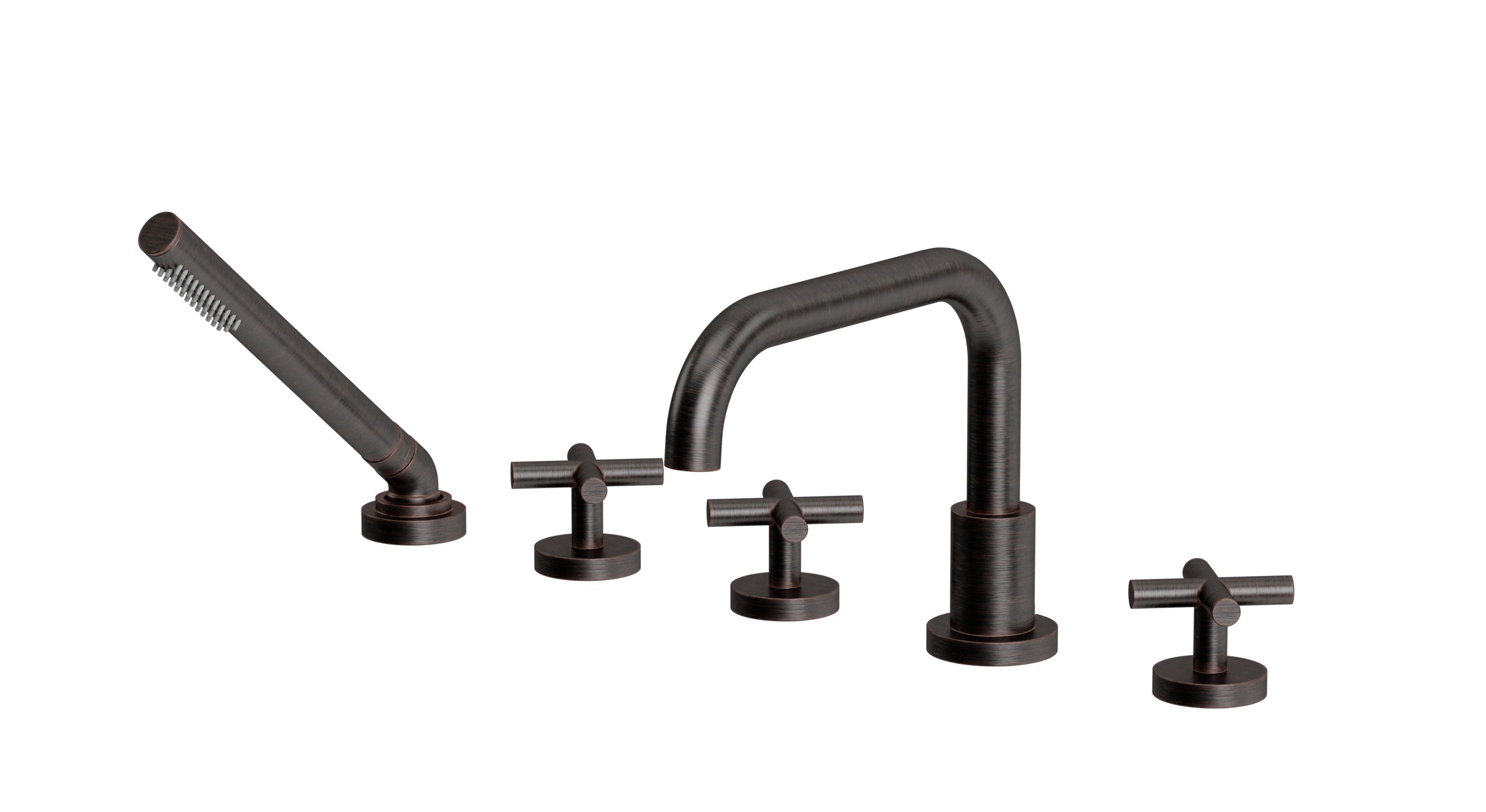 Contour Three Handle Deck Mount Squaretop Bath Trim with Hand Shower and Soft Cross Handles in Antique Bronze