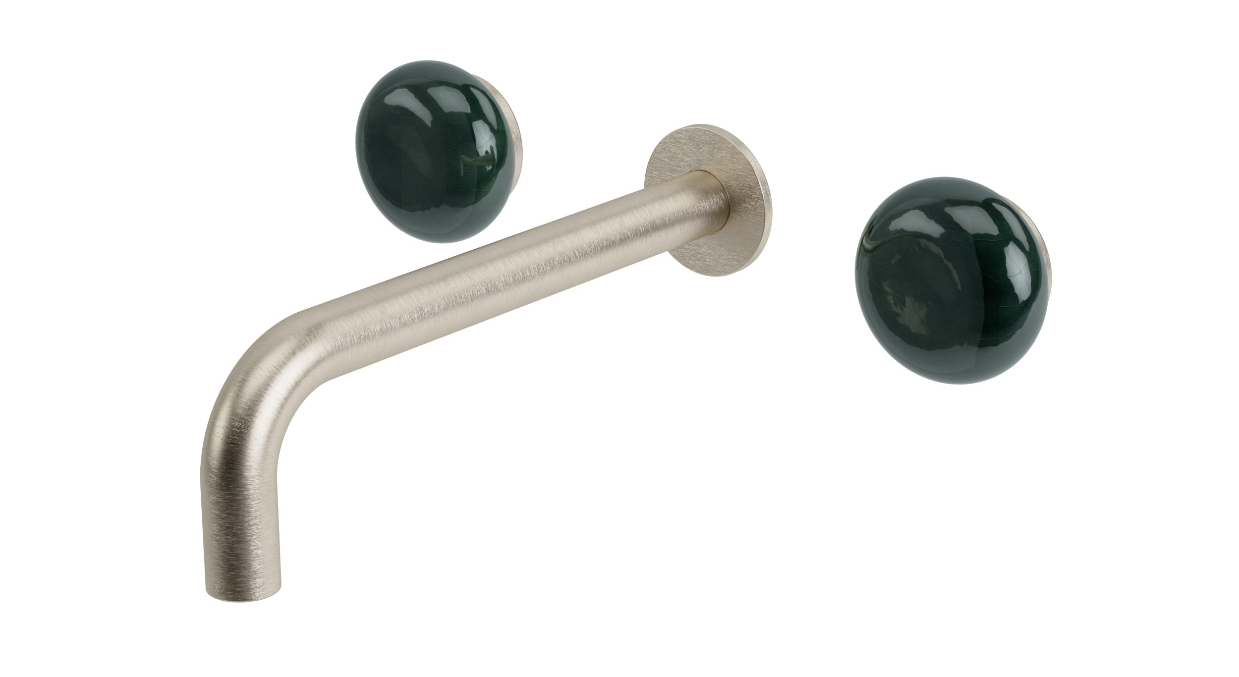 Foundry Two Handle Wall Mount 7.5" Lavatory Faucet with Pebble Ceramic Knob Handles in Satin Nickel