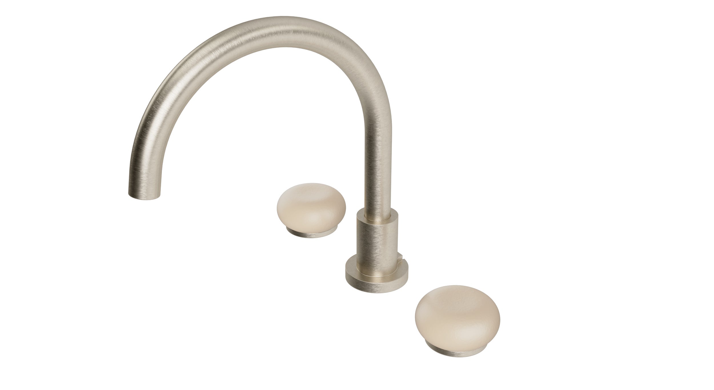 Foundry Two Handle Deck Mount Gooseneck Bath Trim with Pebble Ceramic Knob Handles in Satin Nickel