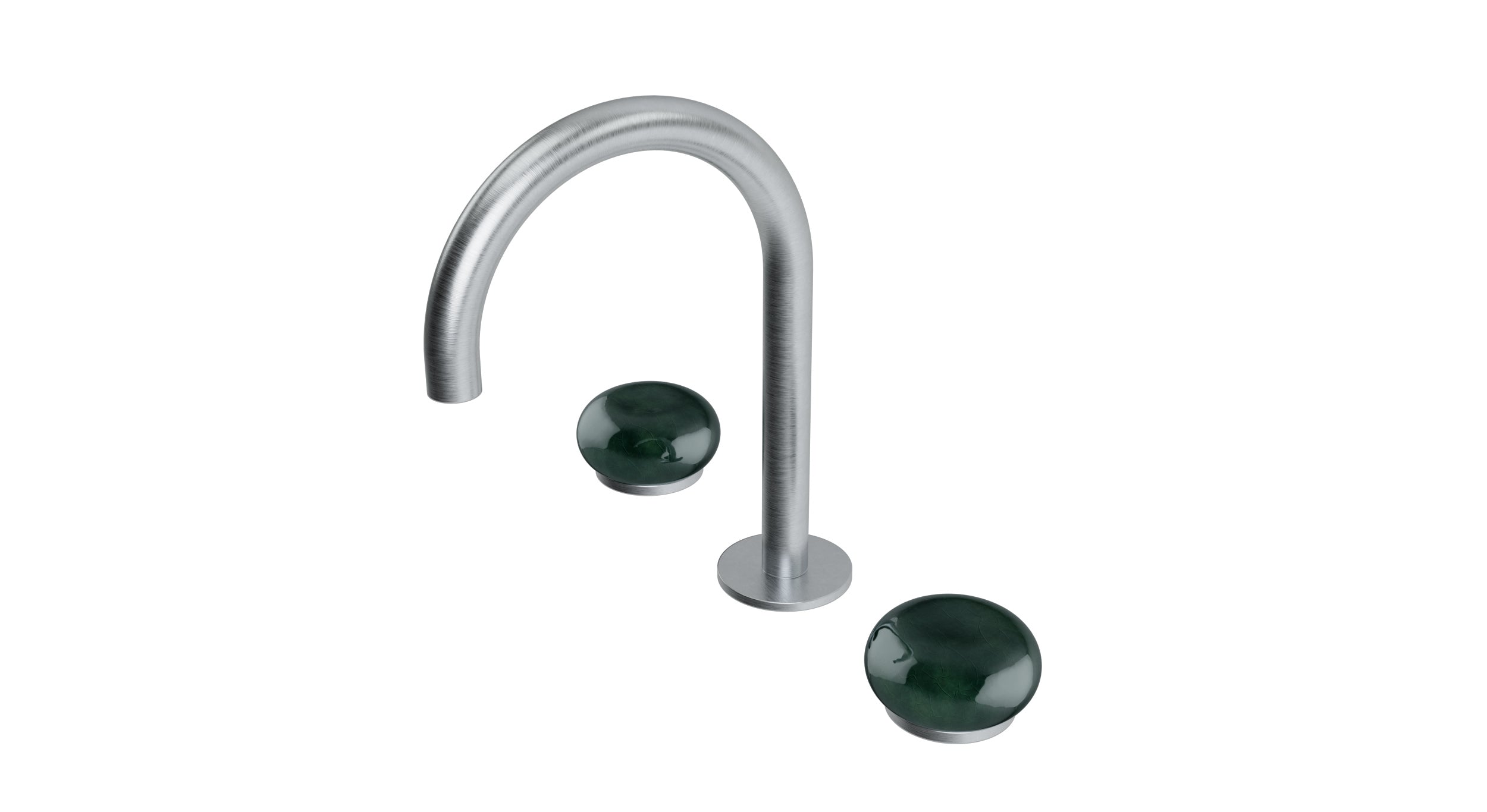 Foundry Two Handle Deck Mount Gooseneck Lavatory Faucet with Pebble Ceramic Knob Handles in Satin Chrome