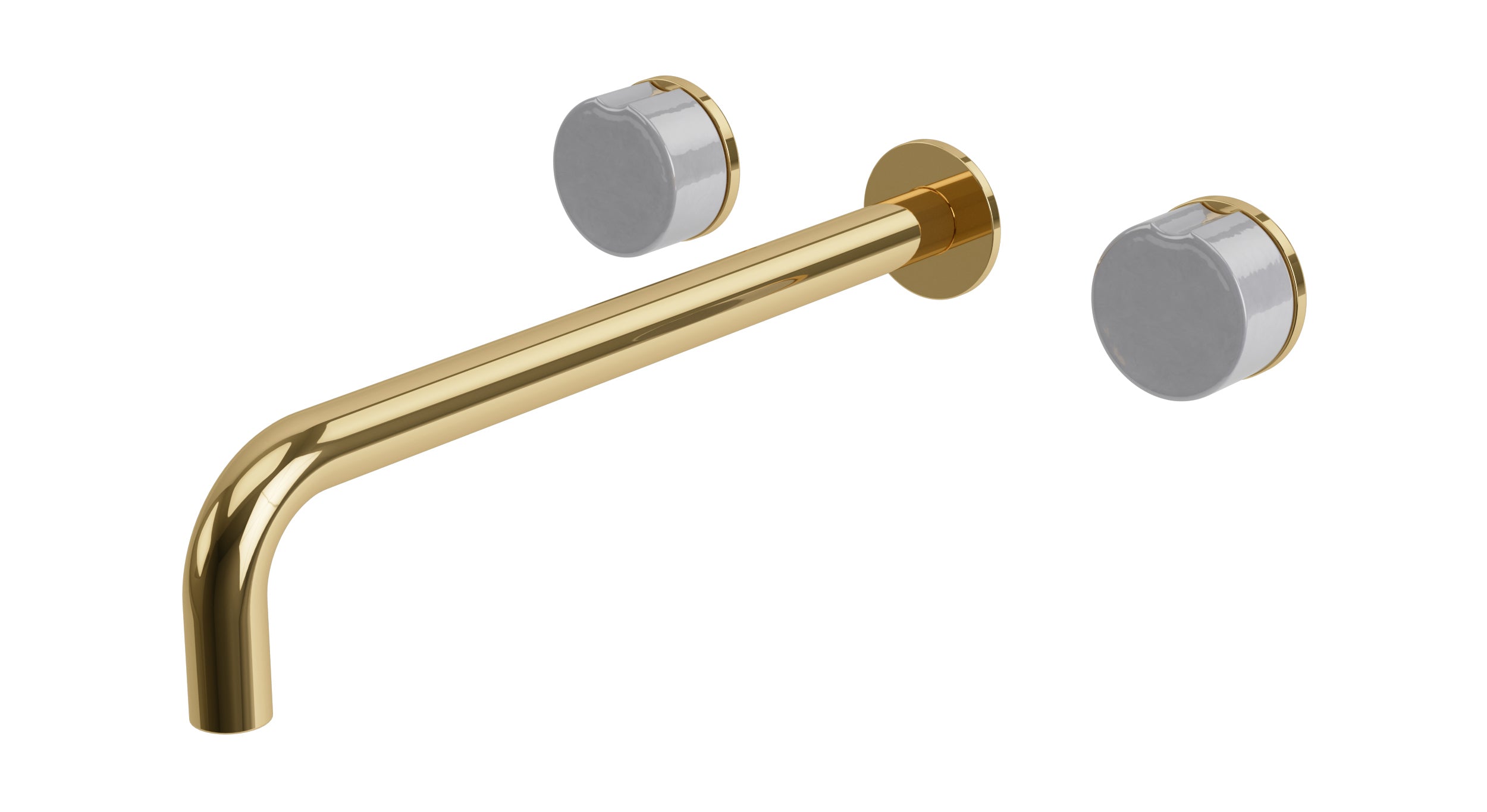 Foundry Two Handle Wall Mount 12" Lavatory Faucet with Groove Ceramic Knob Handles in Polished Brass