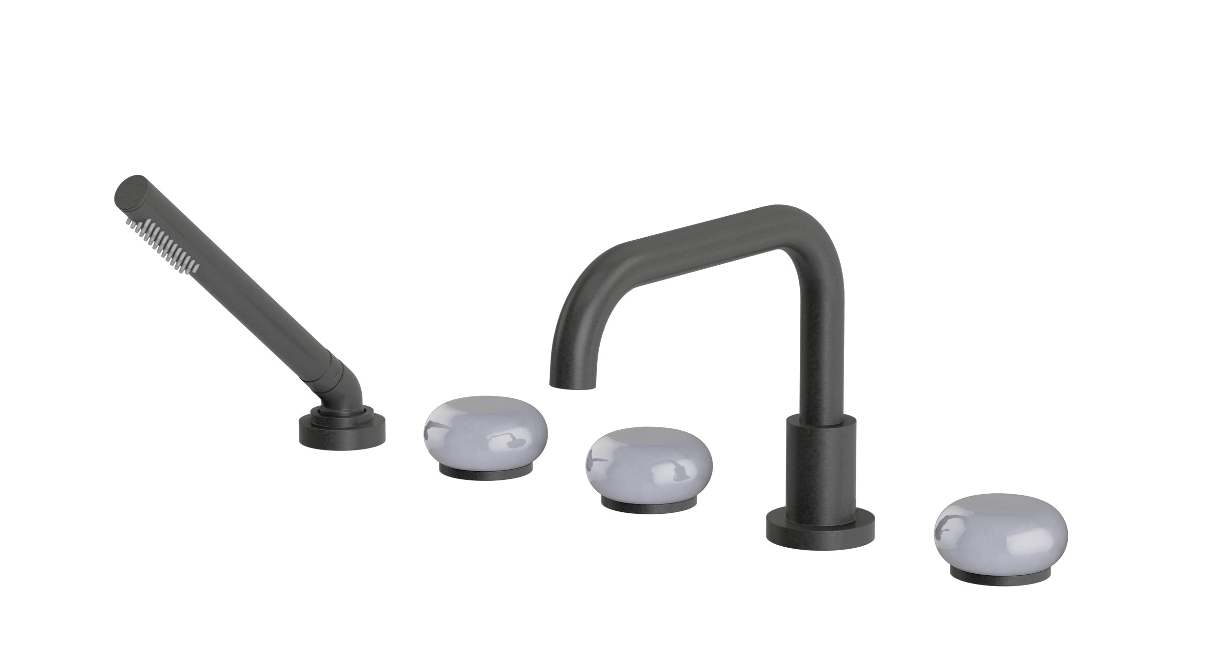 Foundry Three Handle Deck Mount Squaretop Bath Trim with Hand Shower and Pebble Ceramic Knob Handles in Blackened Nickel
