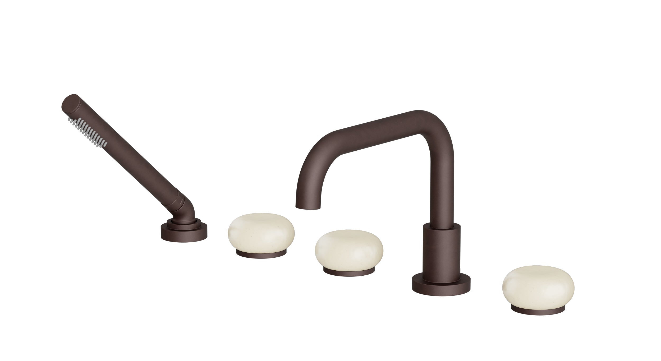 Foundry Three Handle Deck Mount Squaretop Bath Trim with Hand Shower and Pebble Ceramic Knob Handles in Architectural Copper