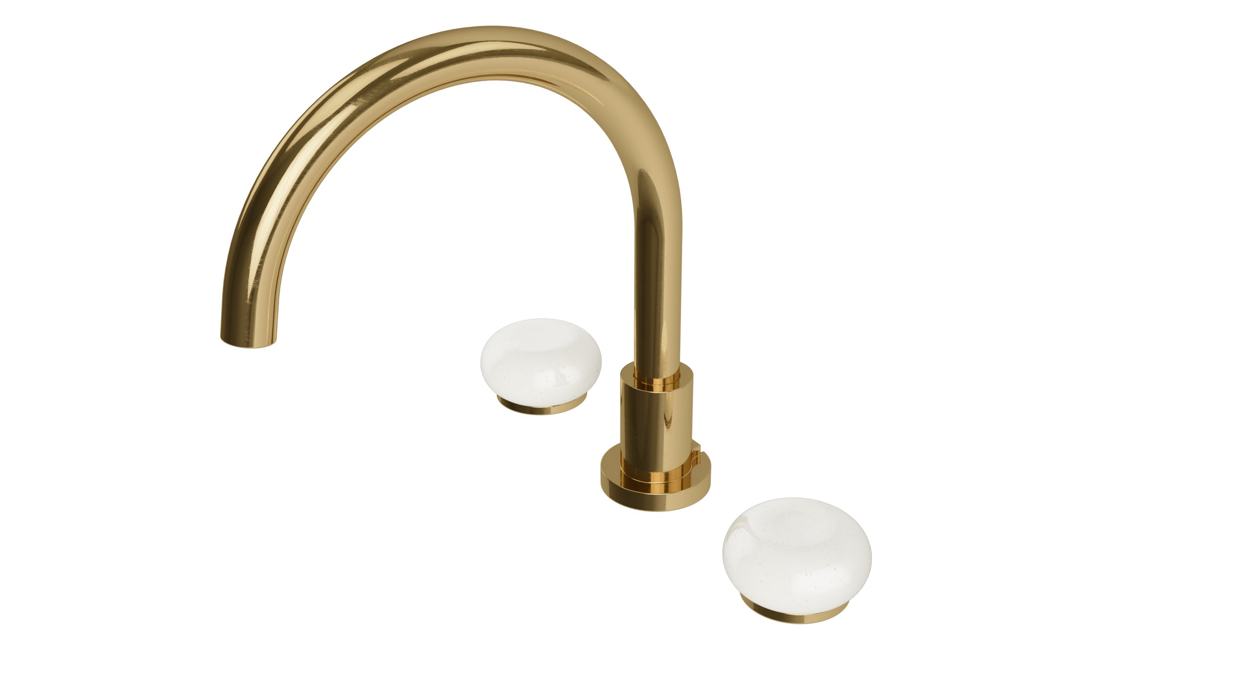 Foundry Two Handle Deck Mount Gooseneck Bath Trim with Pebble Ceramic Knob Handles in Uncoated Polished Brass