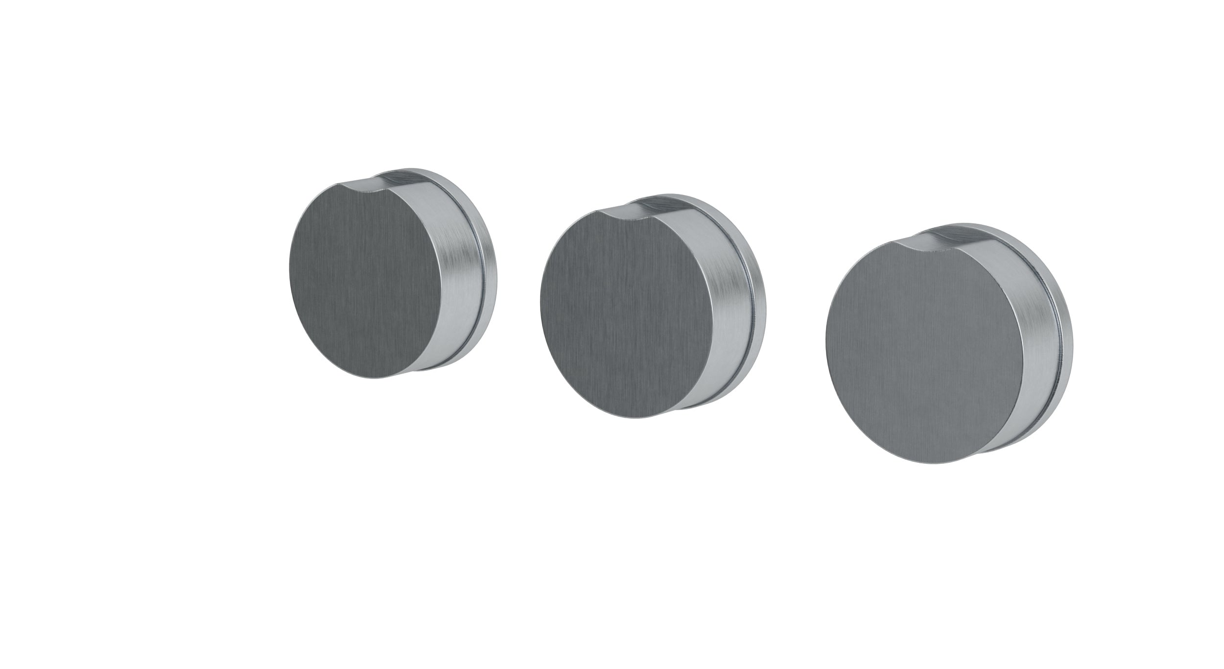 Foundry Three Handle Wall Mount Bath Trim with Diverter/Volume Control and Circle Knob Handles in Satin Chrome