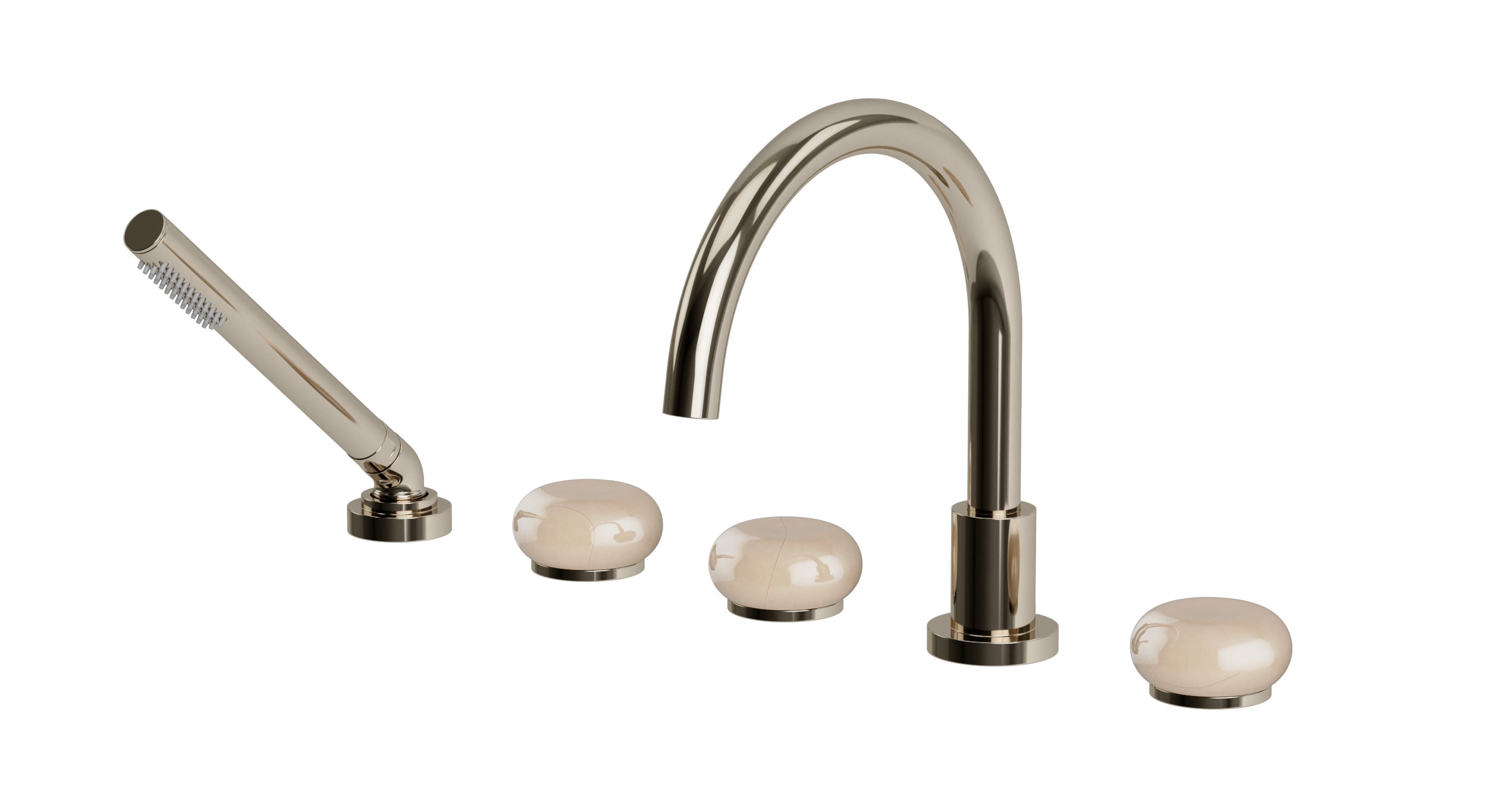 Foundry Three Handle Deck Mount Gooseneck Bath Trim with Hand Shower and Pebble Ceramic Knob Handles in Polished Nickel