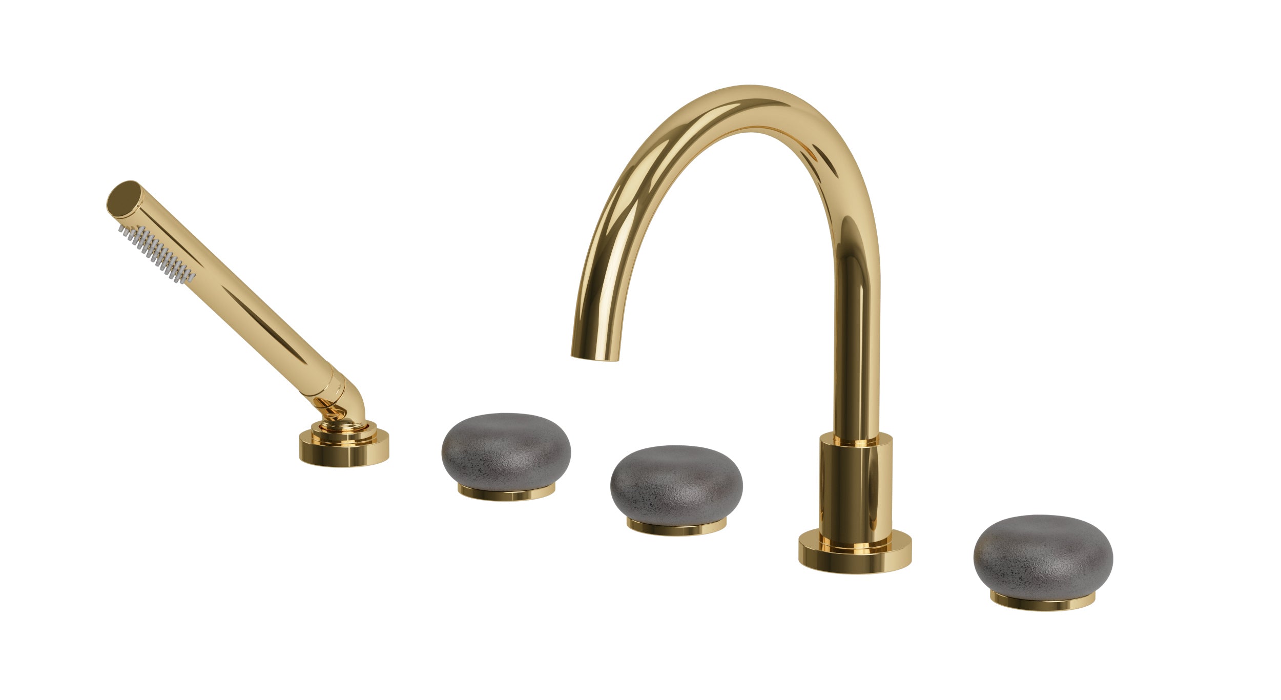 Foundry Three Handle Deck Mount Gooseneck Bath Trim with Hand Shower and Pebble Ceramic Knob Handles in Polished Brass