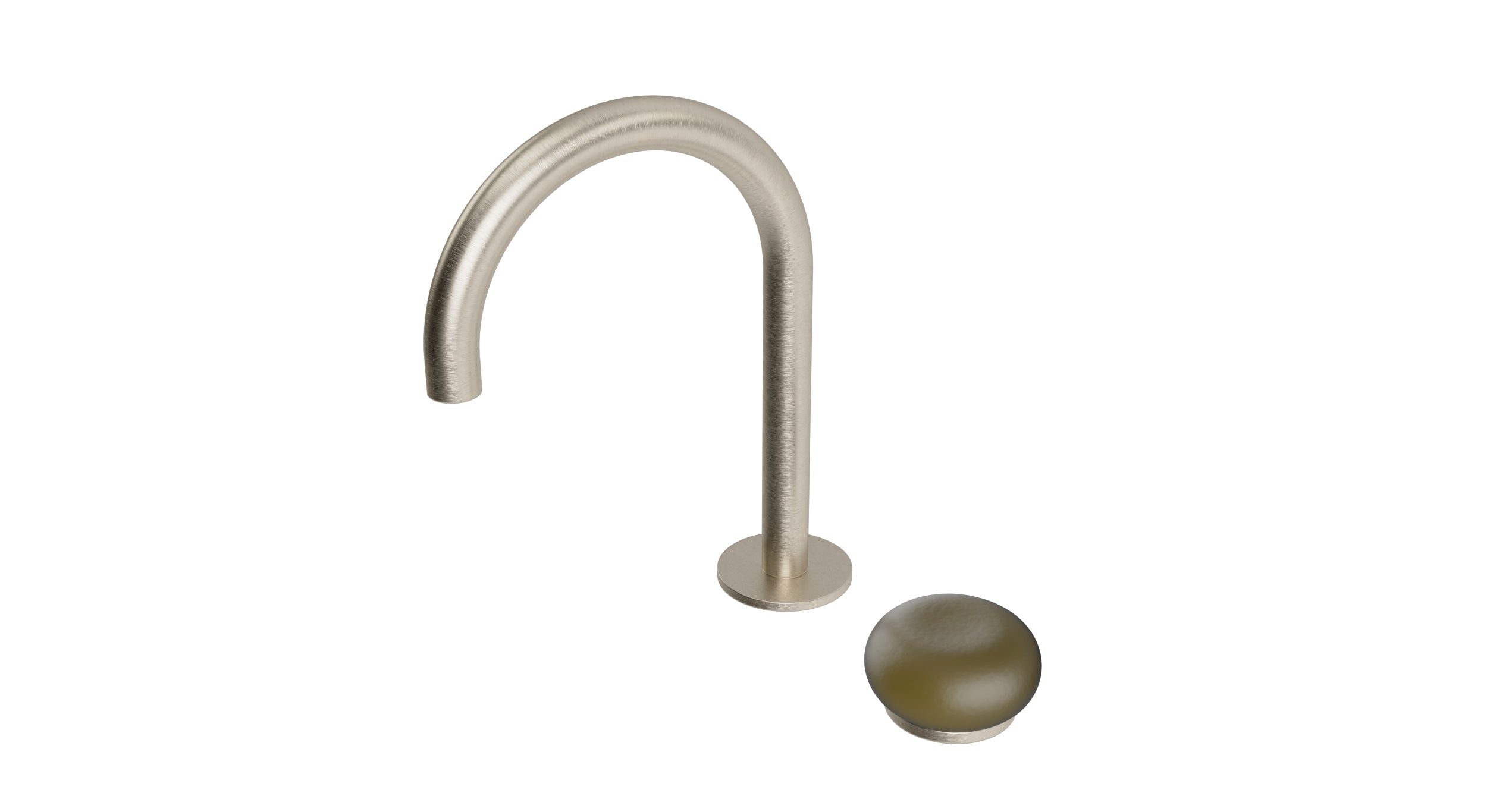 Foundry One Handle Deck Mount Gooseneck Lavatory Faucet with Pebble Ceramic Knob Handle in Satin Nickel