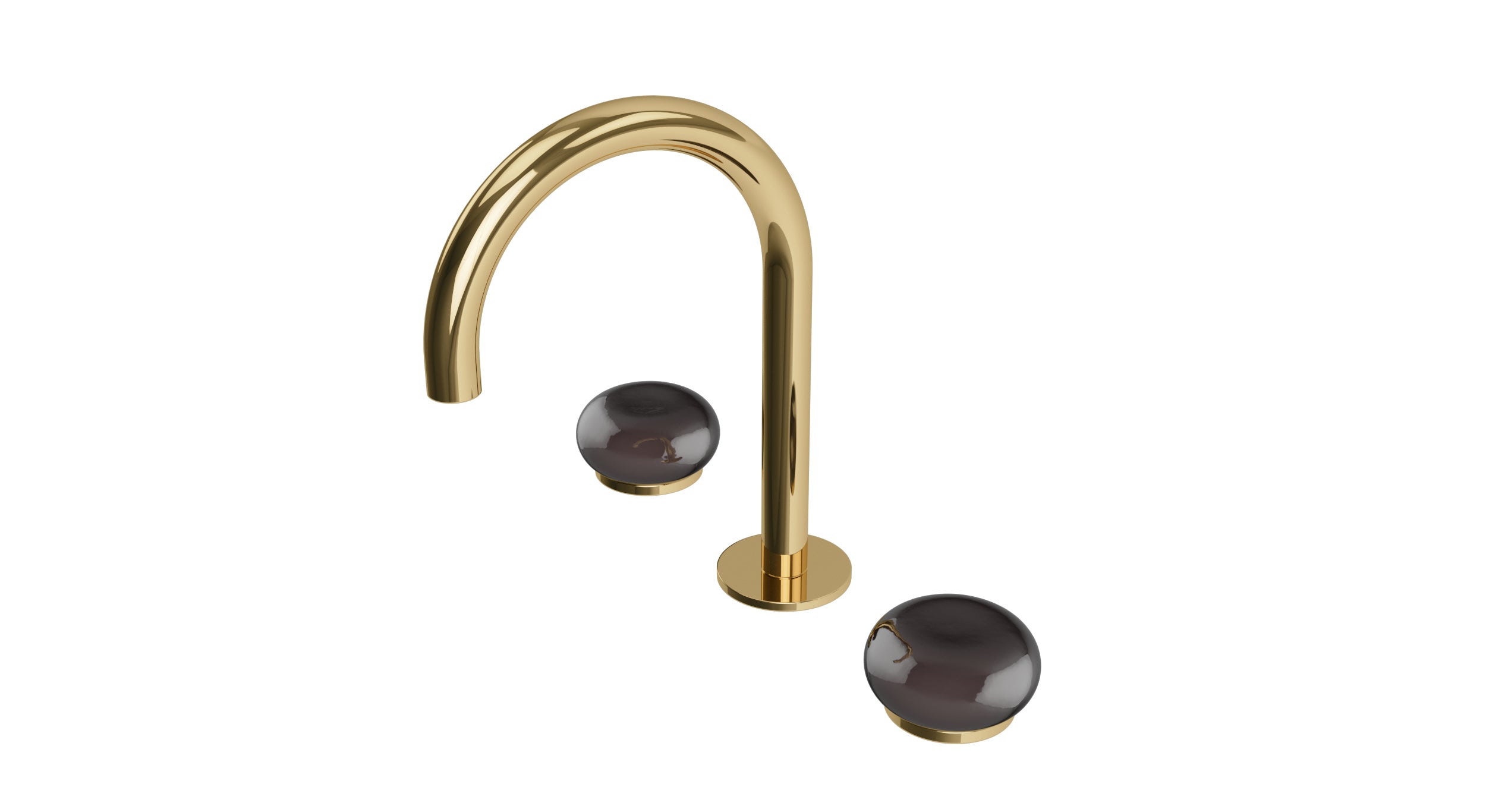 Foundry Two Handle Deck Mount Gooseneck Lavatory Faucet with Pebble Ceramic Knob Handles in Polished Brass