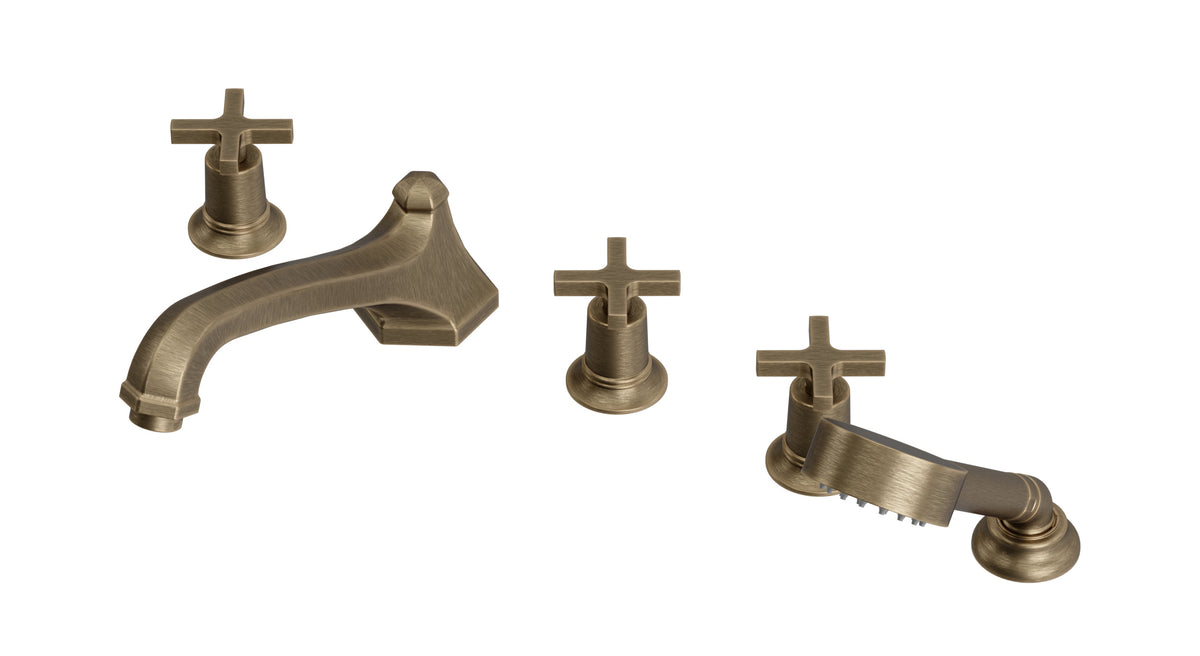 Emerson Three Handle Deck Mount Low Hexagon Bath Trim with Hand Shower