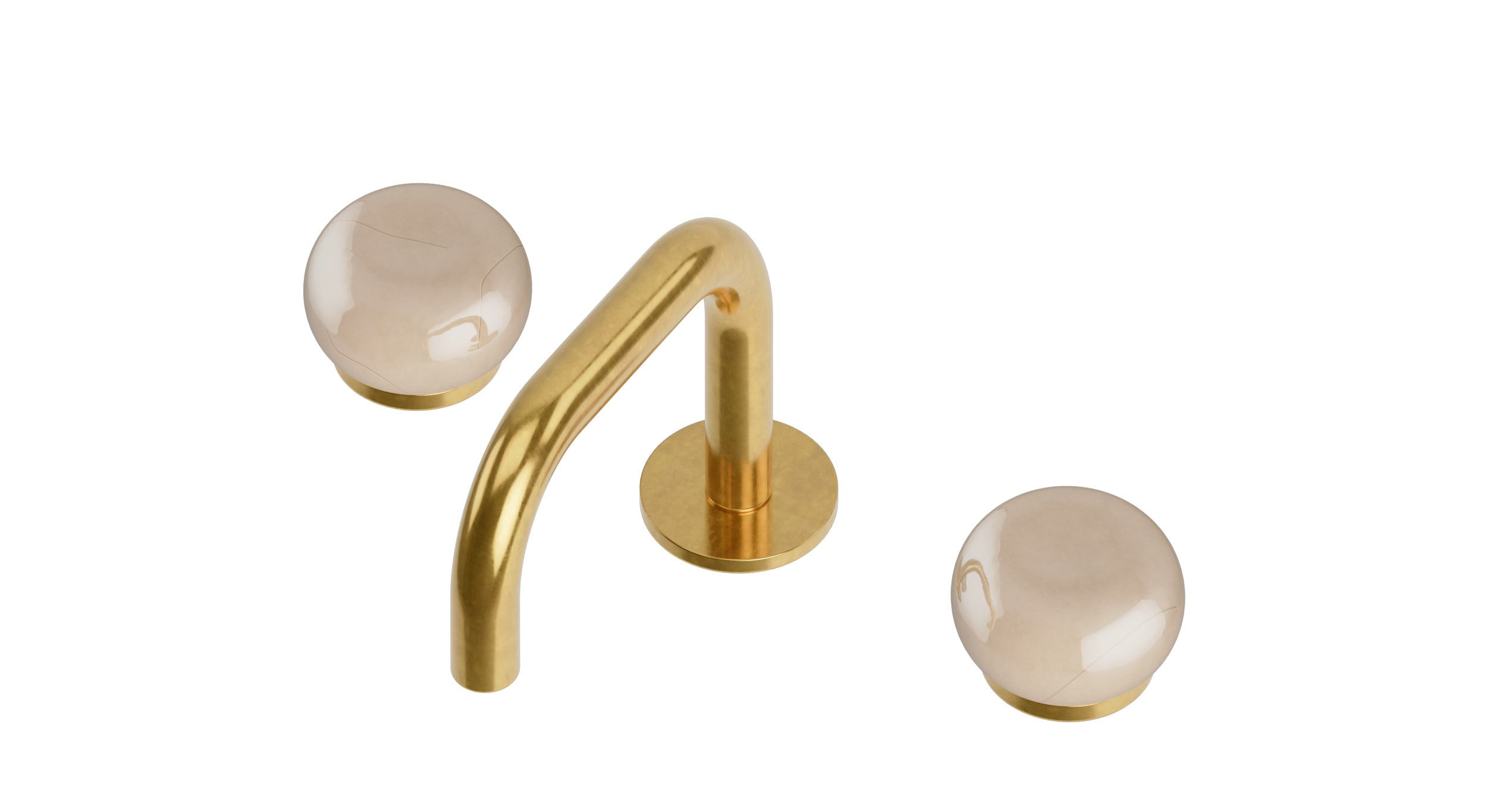 Foundry Two Handle Deck Mount Squaretop Lavatory Faucet with Pebble Ceramic Knob Handles in French Brass