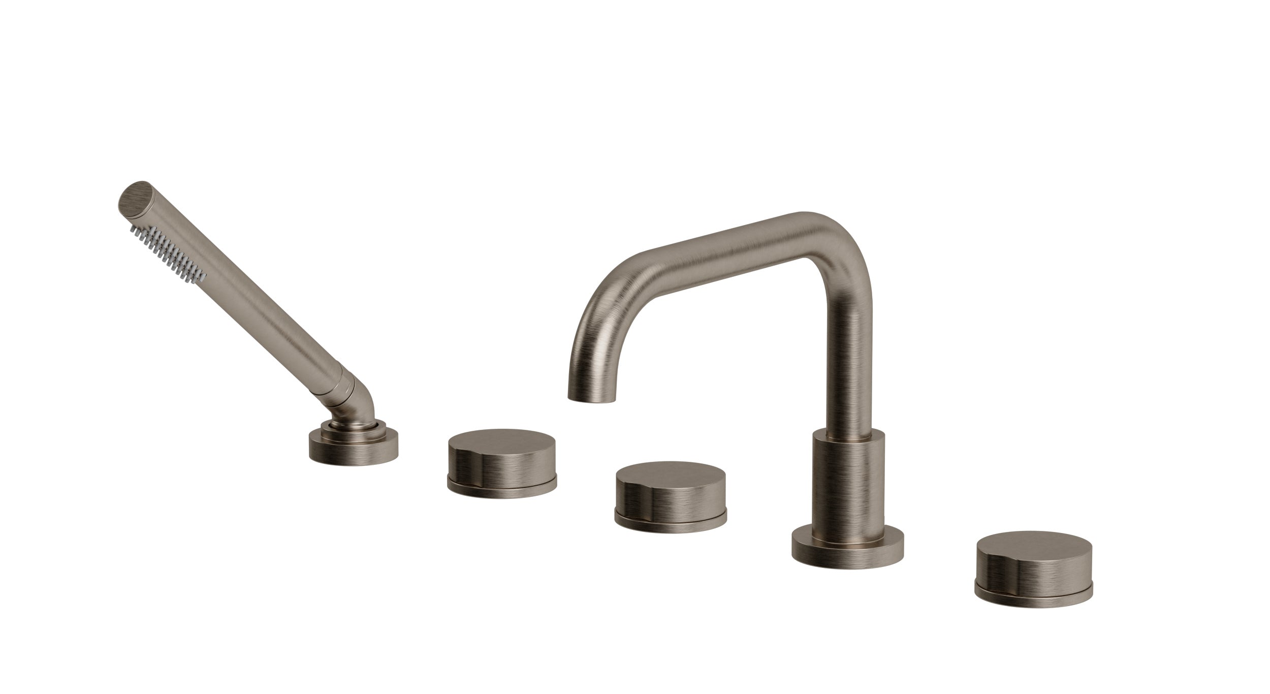 Foundry Three Handle Deck Mount Squaretop Bath Trim with Hand Shower and Circle Knob Handles in Antique Nickel