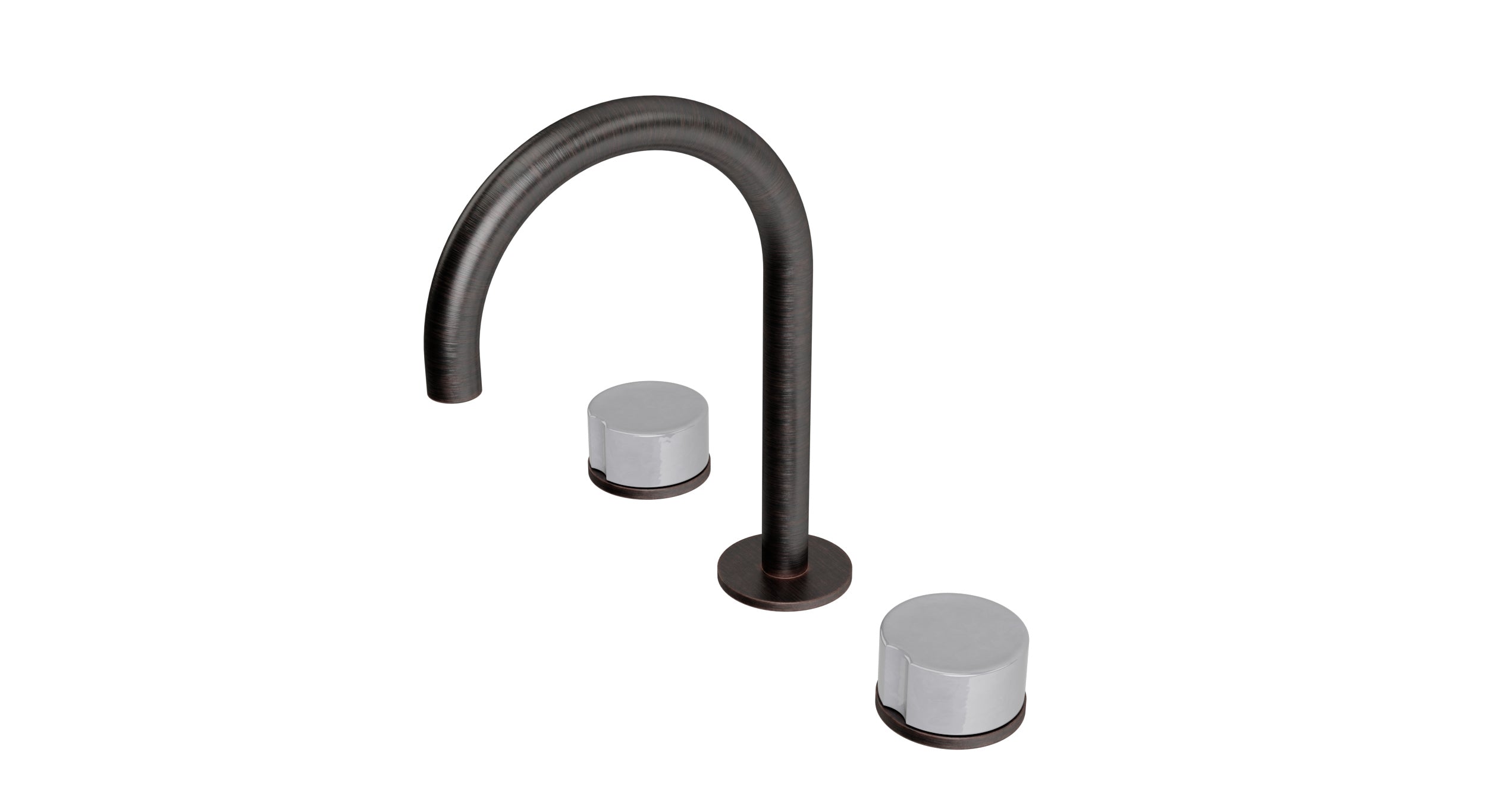 Foundry Two Handle Deck Mount Gooseneck Lavatory Faucet with Groove Ceramic Knob Handles in Antique Bronze