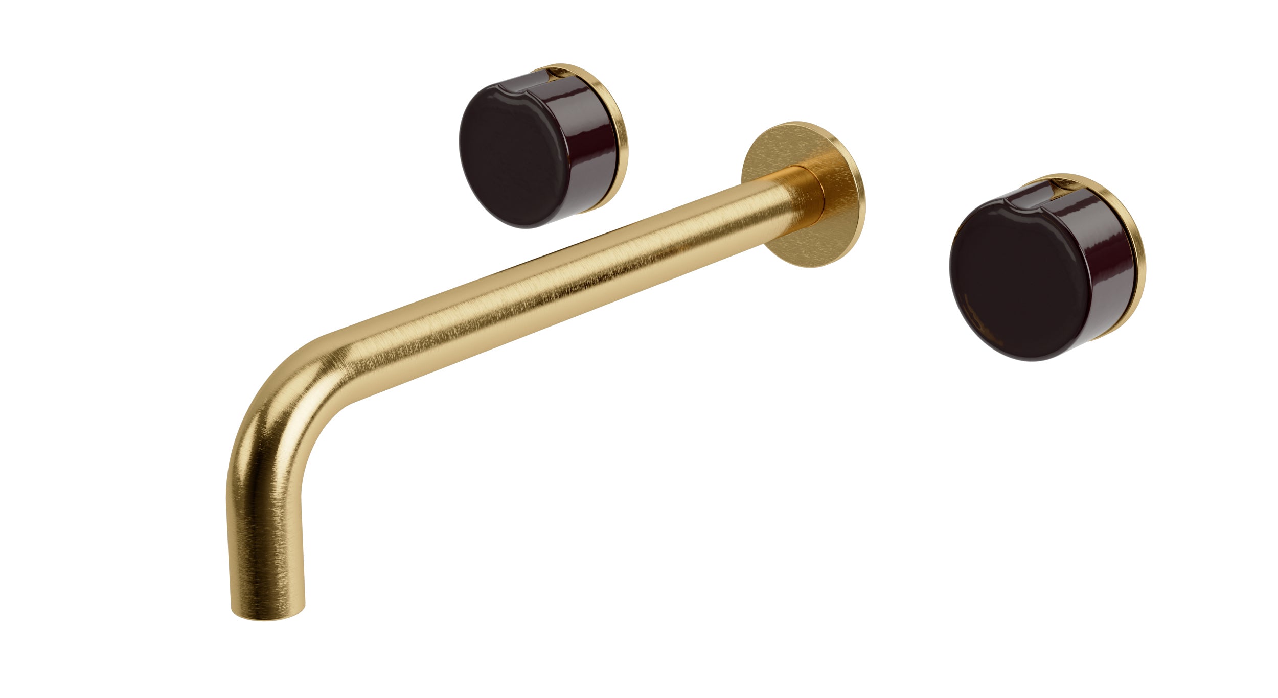 Foundry Two Handle Wall Mount 10" Lavatory Faucet with Groove Ceramic Knob Handles in Satin Brass