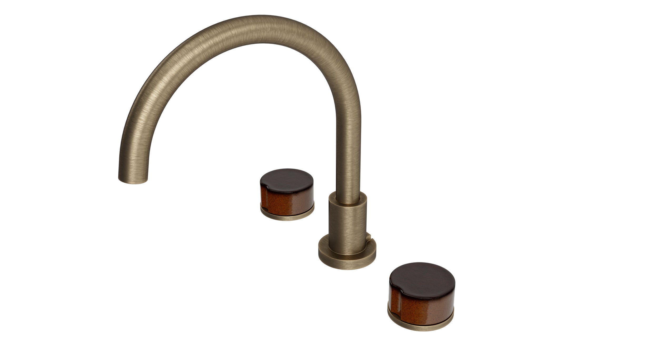 Foundry Two Handle Deck Mount Gooseneck Bath Trim with Groove Ceramic Knob Handles in Antique Brass