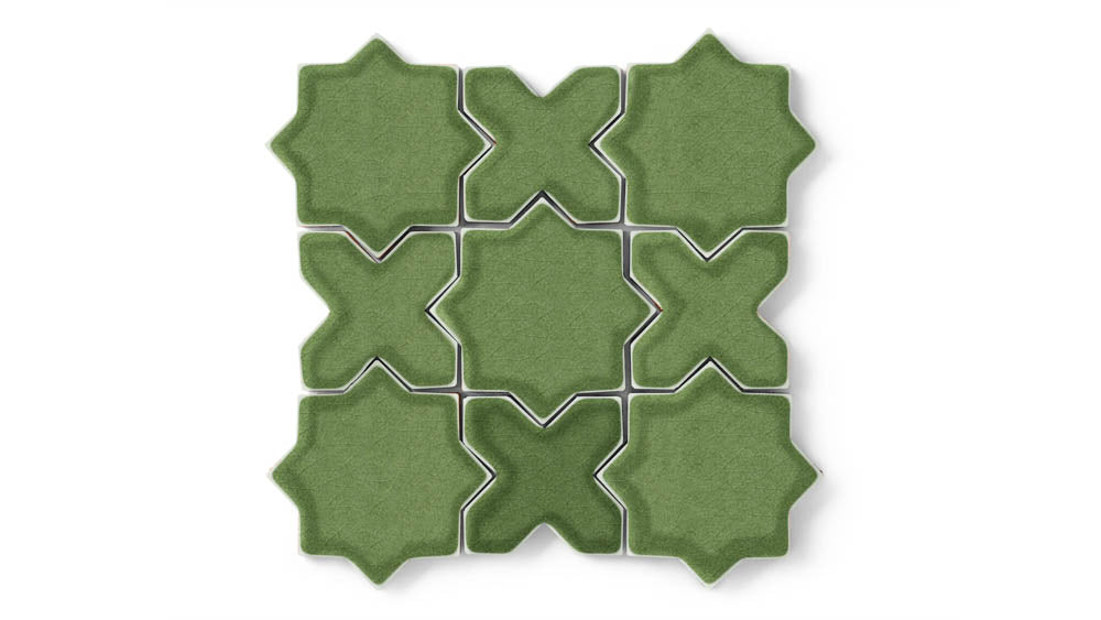 Mini Star & Cross Original Ceramic Tile in Kelp Gloss