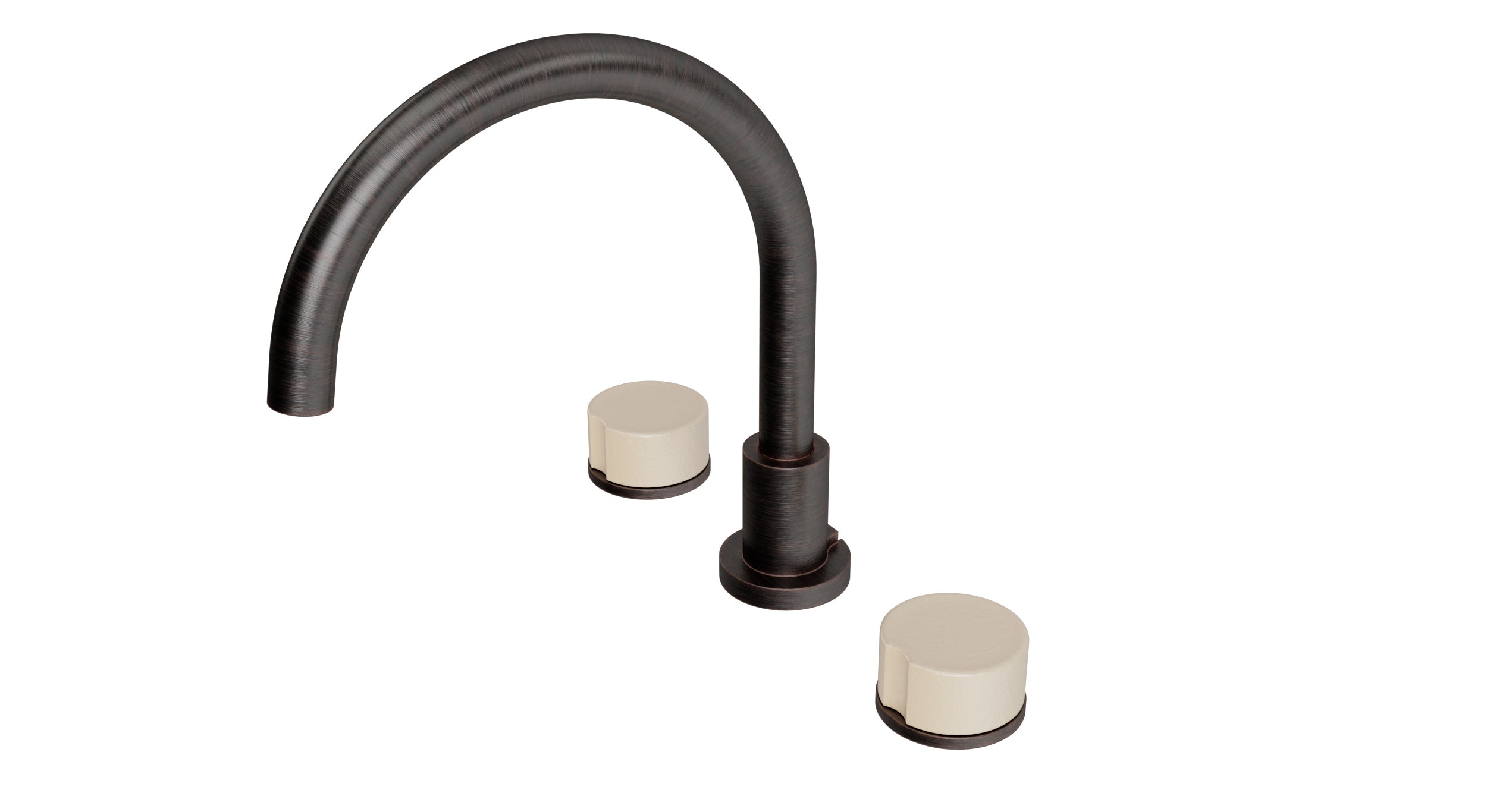 Foundry Two Handle Deck Mount Gooseneck Bath Trim with Groove Ceramic Knob Handles in Antique Bronze