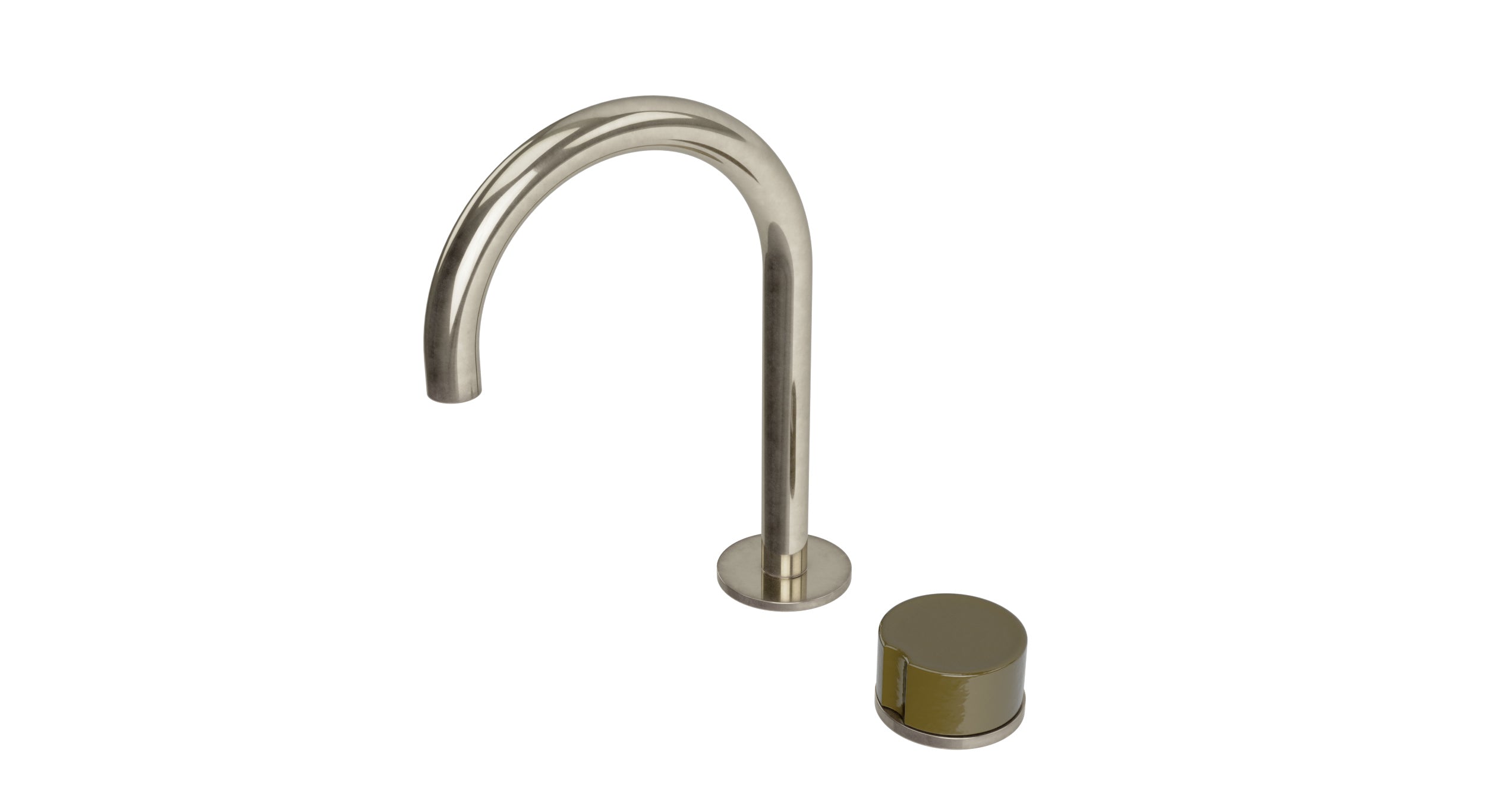 Foundry One Handle Deck Mount Gooseneck Lavatory Faucet with Groove Ceramic Knob Handle in French Nickel