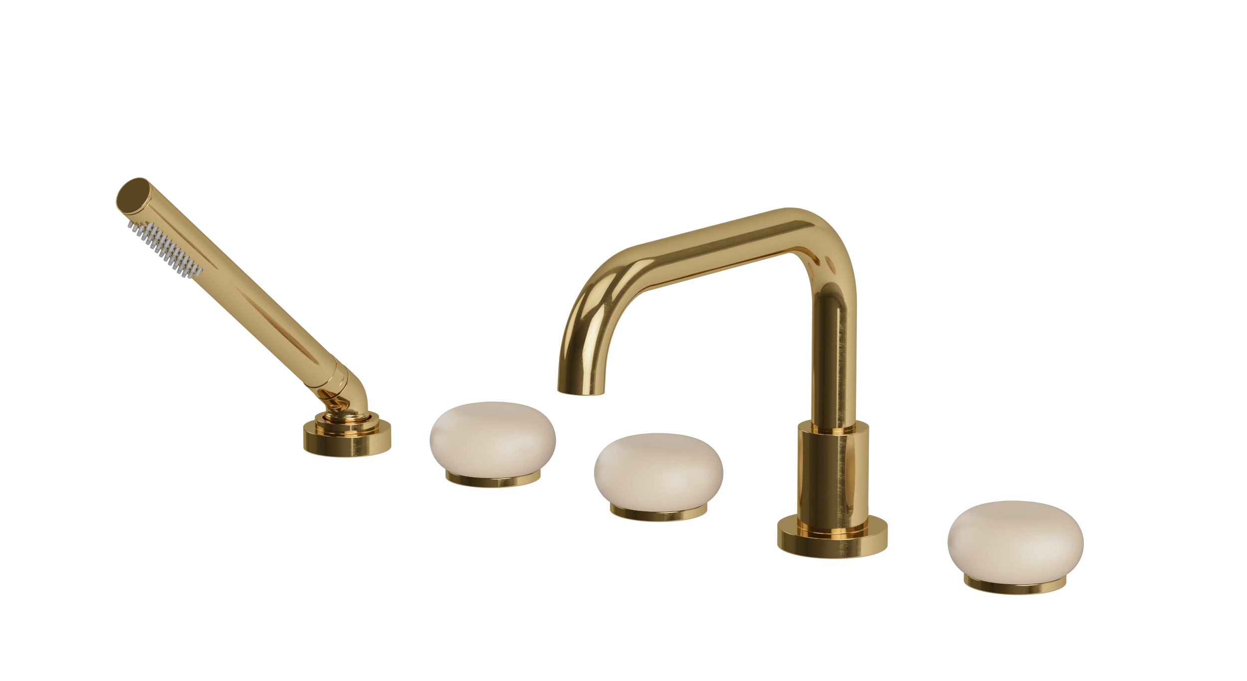 Foundry Three Handle Deck Mount Squaretop Bath Trim with Hand Shower and Pebble Ceramic Knob Handles in Uncoated Polished Brass