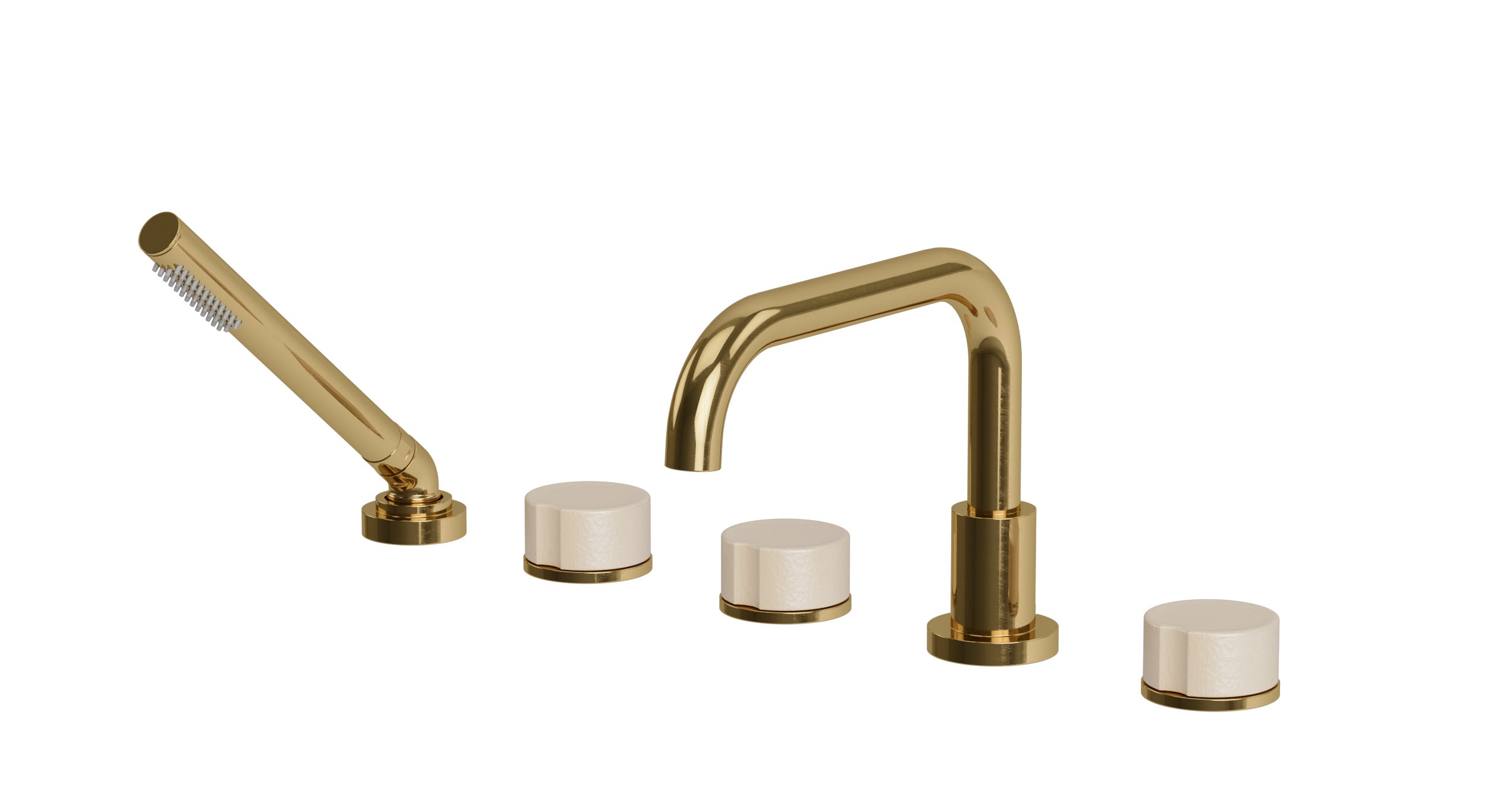 Foundry Three Handle Deck Mount Squaretop Bath Trim with Hand Shower and Groove Ceramic Knob Handles in Uncoated Polished Brass
