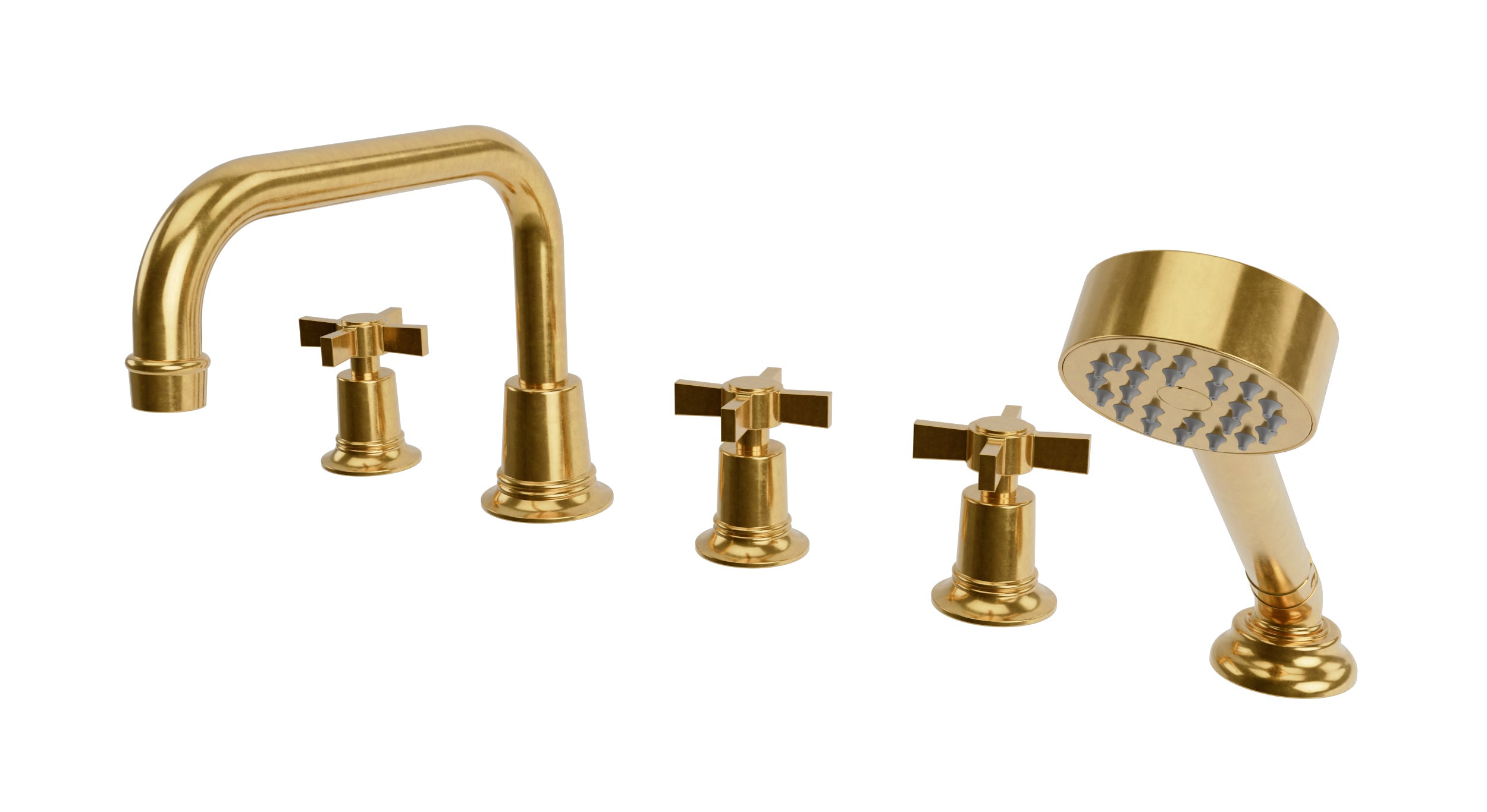 Emerson Three Handle Deck Mount Squaretop Bath Trim with Hand Shower and Defined Cross Handles in French Brass