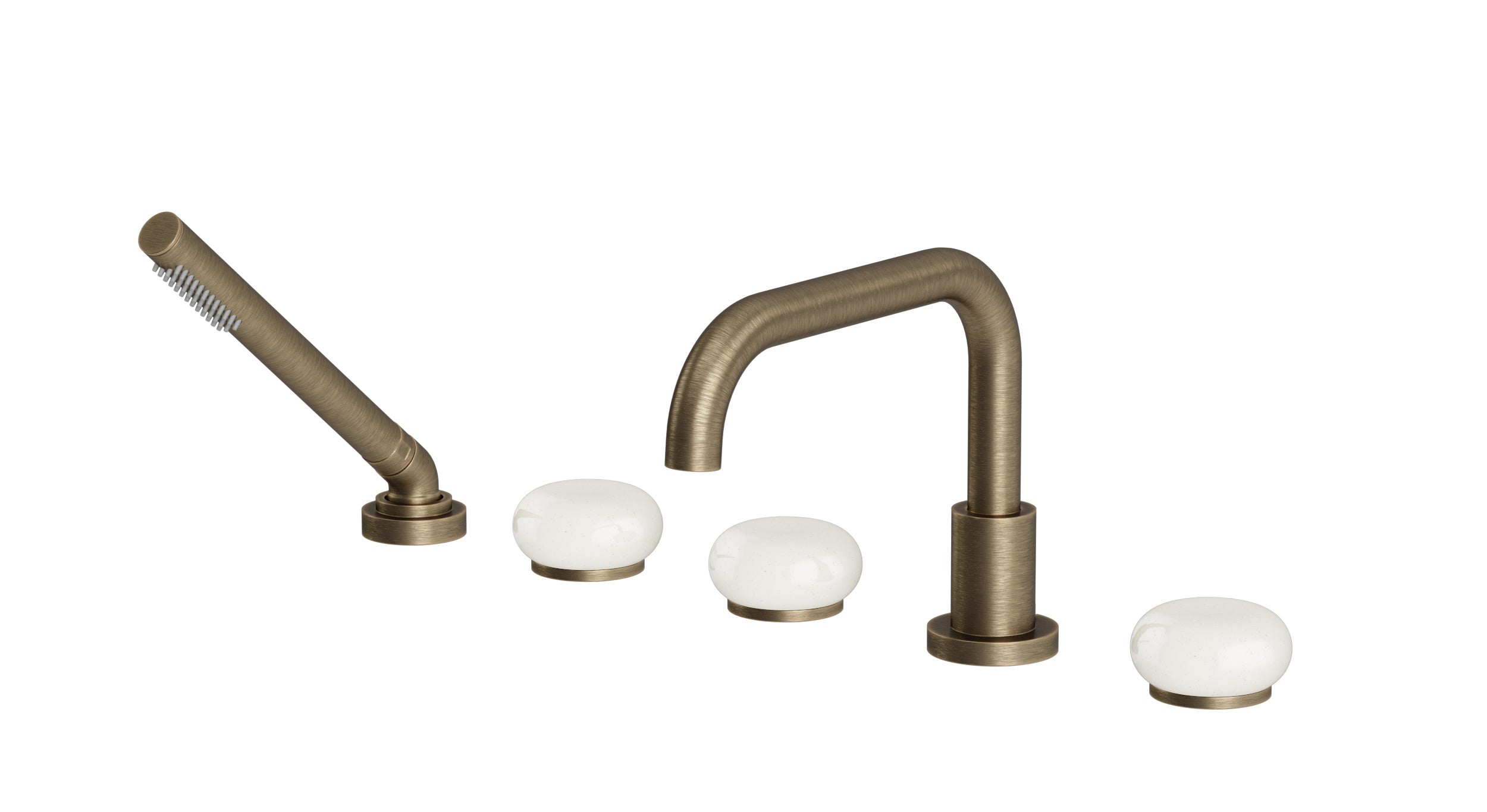 Foundry Three Handle Deck Mount Squaretop Bath Trim with Hand Shower and Pebble Ceramic Knob Handles in Antique Brass