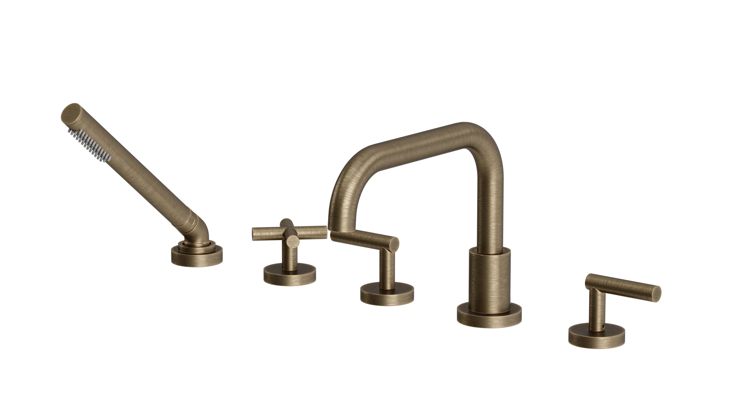 Contour Three Handle Deck Mount Squaretop Bath Trim with Hand Shower and Soft Cross/Soft Lever Handles in Antique Brass