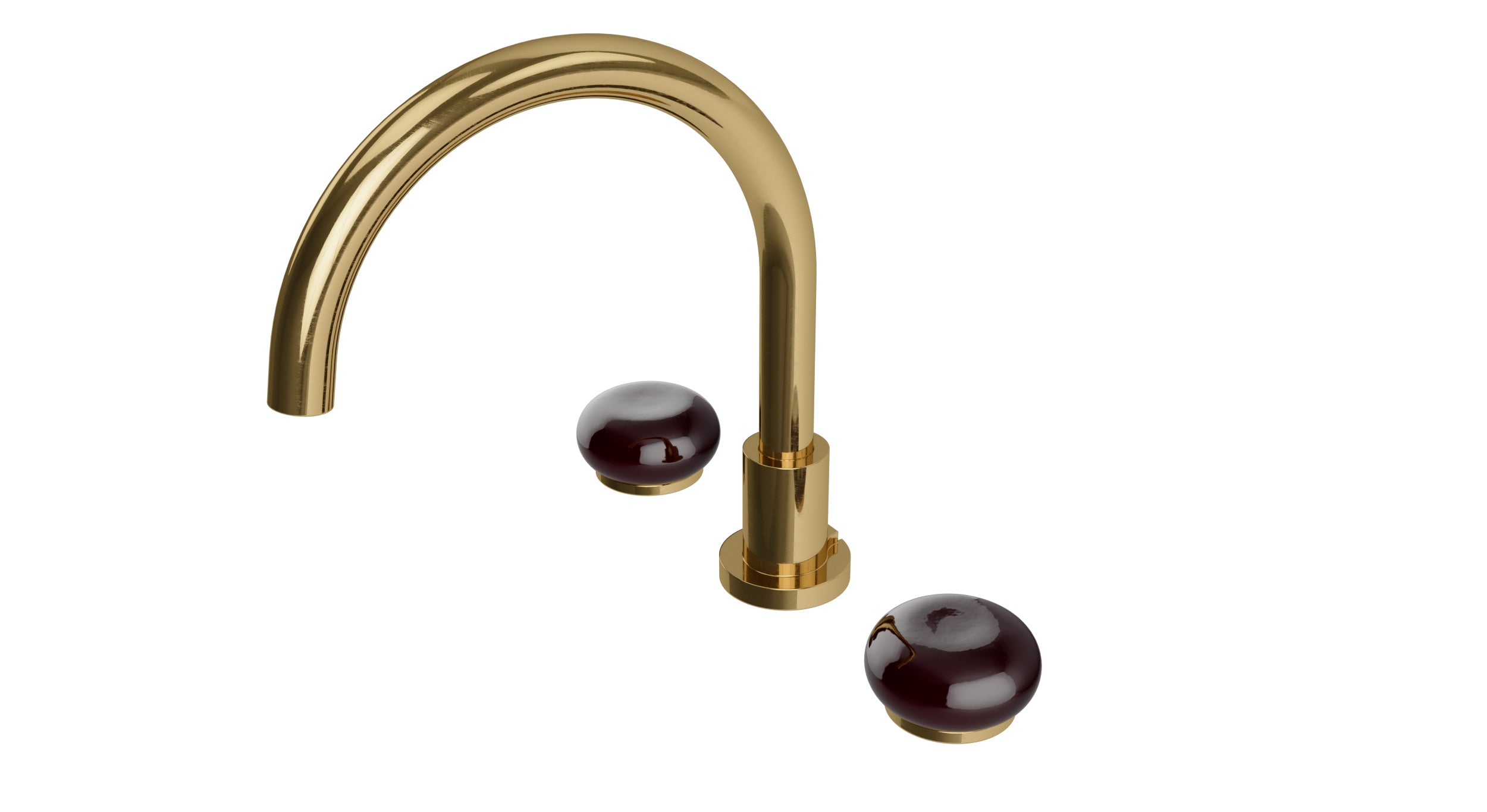 Foundry Two Handle Deck Mount Gooseneck Bath Trim with Pebble Ceramic Knob Handles in Uncoated Polished Brass