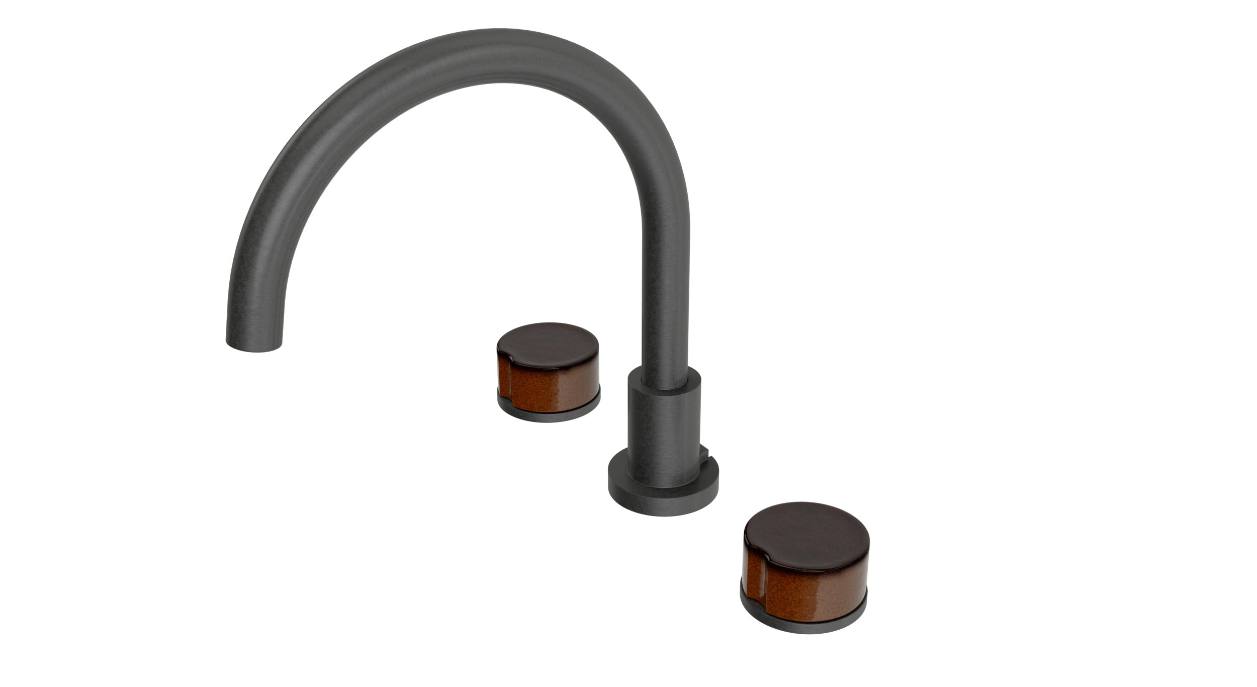 Foundry Two Handle Deck Mount Gooseneck Bath Trim with Groove Ceramic Knob Handles in Blackened Nickel