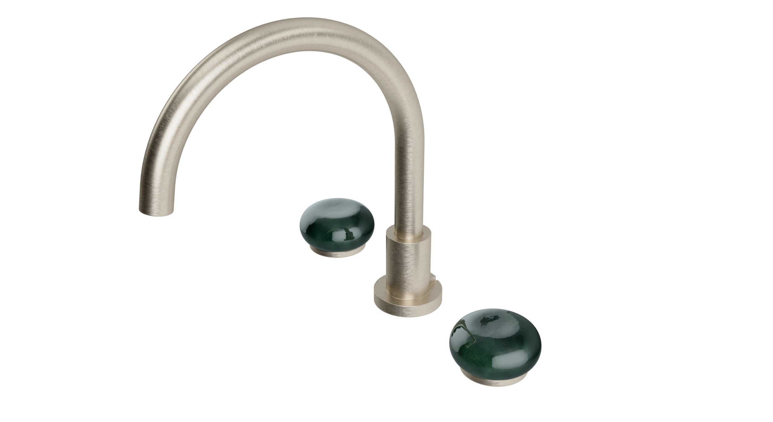 Foundry Two Handle Deck Mount Gooseneck Bath Trim with Pebble Ceramic Knob Handles in Satin Nickel